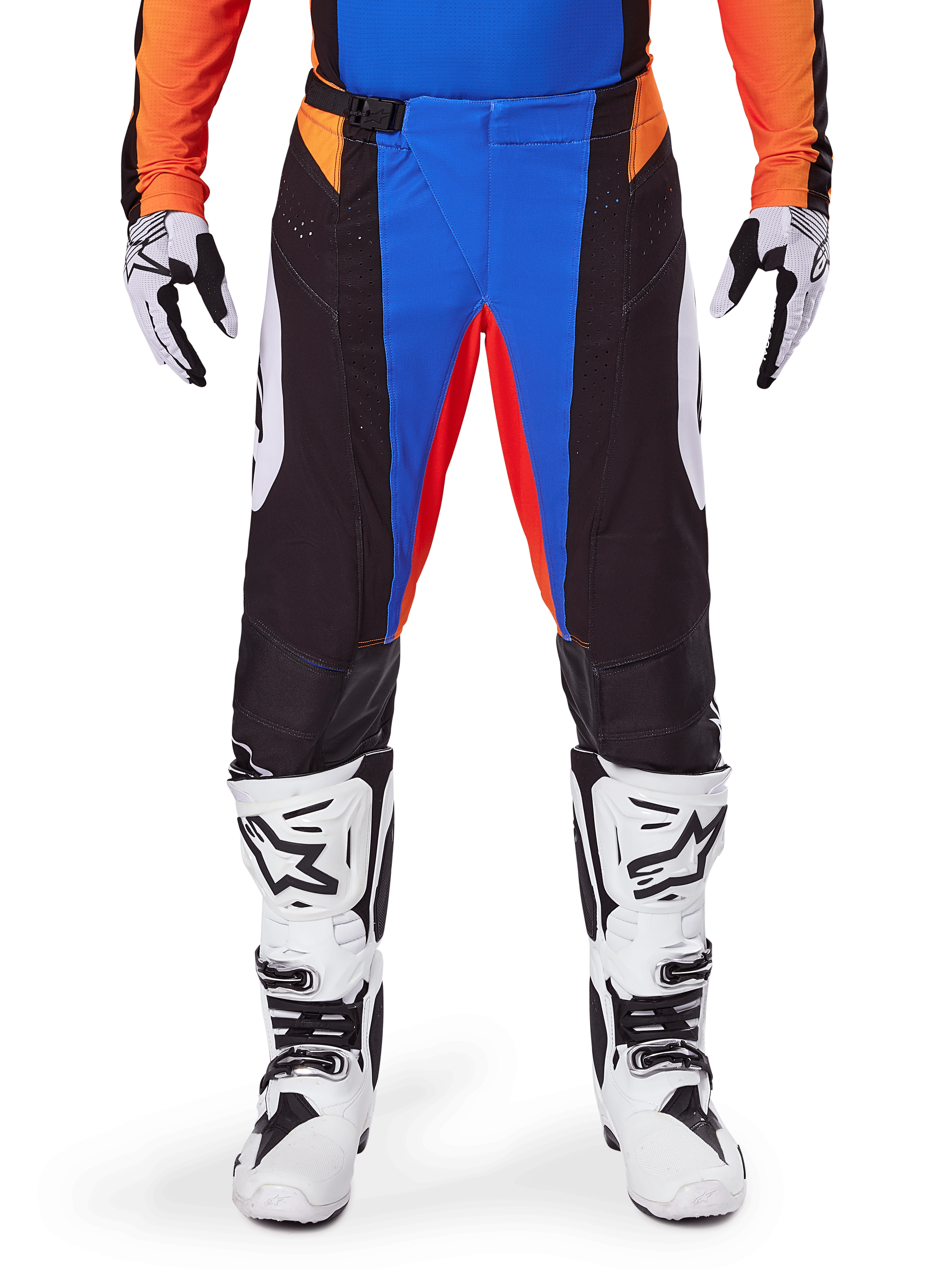 Alpinestars 2025 Techstar Melt Motocross Pants, Orange and Blue, worn with matching jersey and white boots, featuring black panels with vibrant blue and orange accents, perforated for ventilation, athletic race fit for off-road performance.
