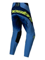 Alpinestars 2025 Techstar Melt Pants, Motocross Pants, Yellow Fluo Blue, rear view with large fluorescent yellow branding across the back, navy blue panels, star logos on thighs, and black inner knee reinforcements
