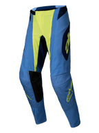 Alpinestars 2025 Techstar Melt Pants, Motocross Pants, Yellow Fluo Blue, blue with neon yellow center and logo details, black inner knee panels, laser perforations, athletic race fit for off-road performance