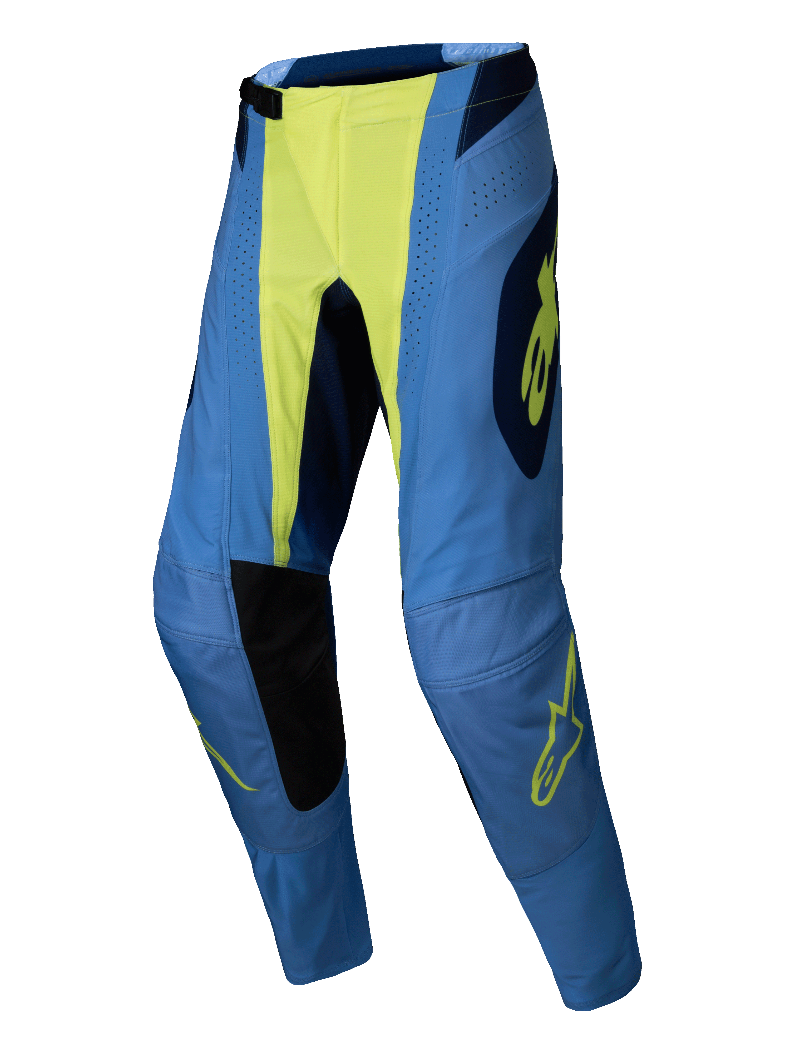 Alpinestars 2025 Techstar Melt Pants, Motocross Pants, Yellow Fluo Blue, blue with neon yellow center and logo details, black inner knee panels, laser perforations, athletic race fit for off-road performance