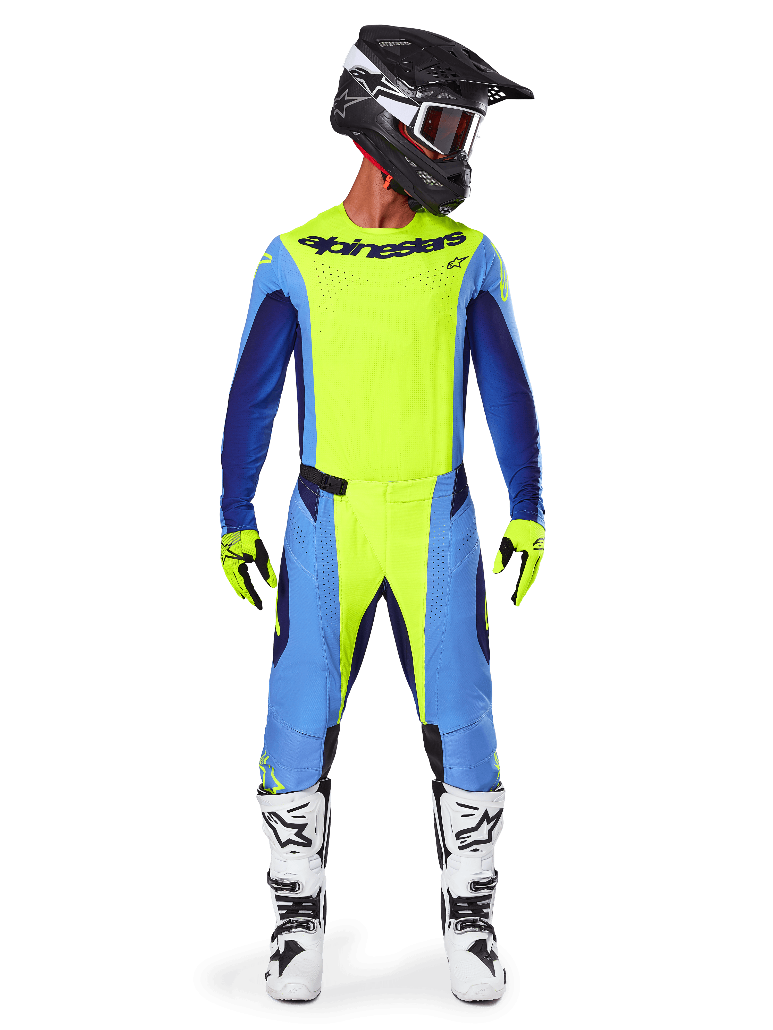 Alpinestars 2025 Techstar Melt Pants, Motocross Pants, Yellow Fluo Blue, worn with matching jersey, yellow gloves, and white and black boots, featuring a black helmet with red goggles, complete racing gear set for off-road performance