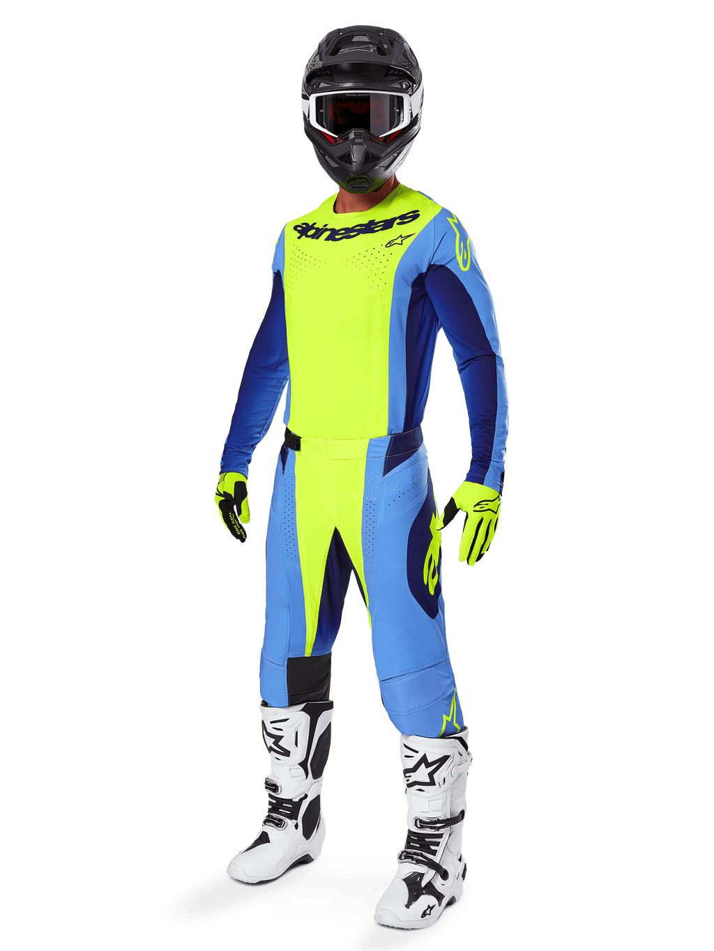 Alpinestars 2025 Techstar Melt Gear Set, komplet motocross-raceroutfit, neongul og blå, sort hjelm med goggles, gule og sorte handsker, hvide og sorte støvler, fuldt MX-udstyrssæt