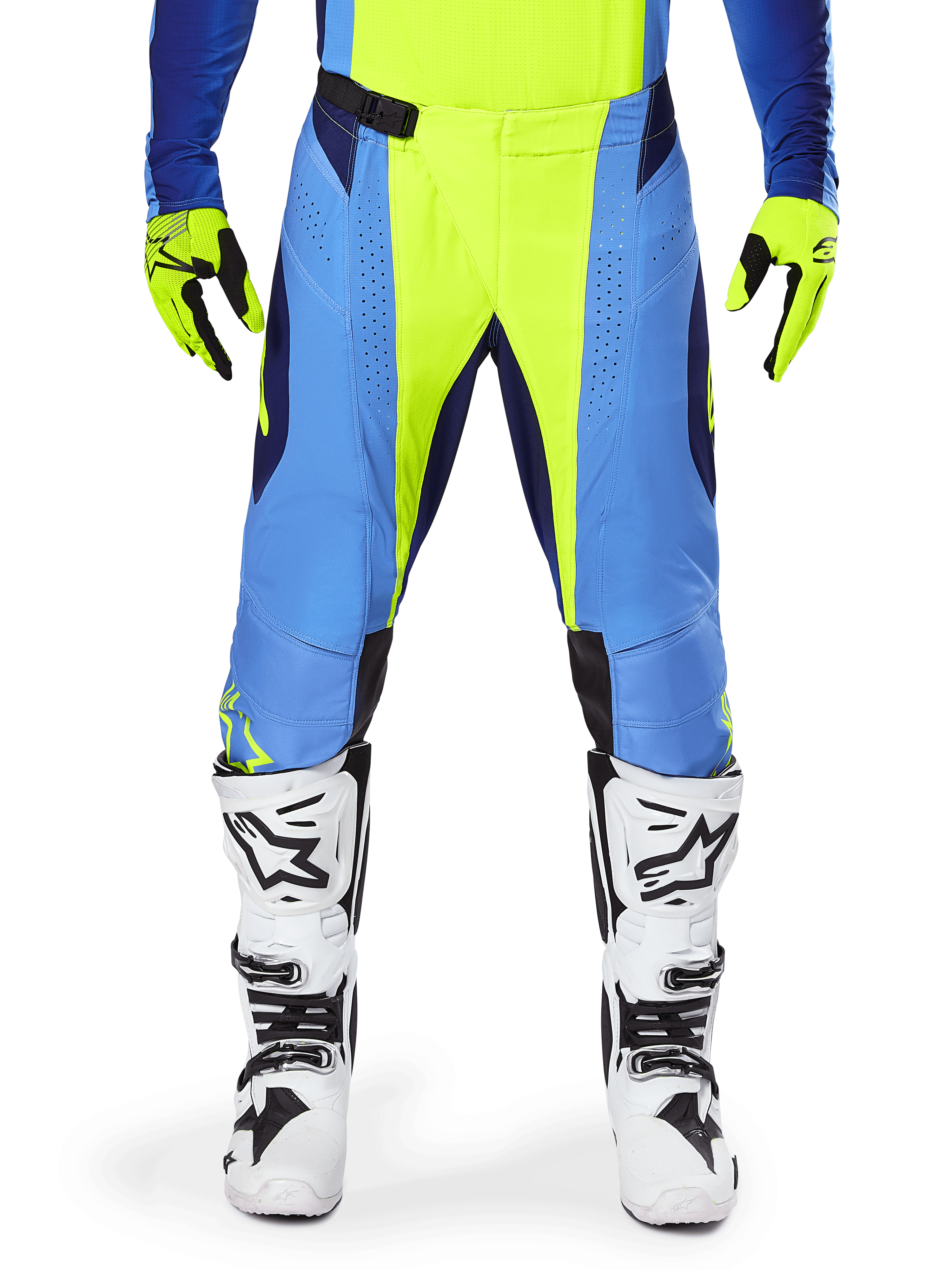 Alpinestars 2025 Techstar Melt bukser, motocross bukser, gul fluo og blå, båret med matchende handsker og hvide støvler, med blå paneler og fluo gule detaljer, performance-drevet design til off-road racing