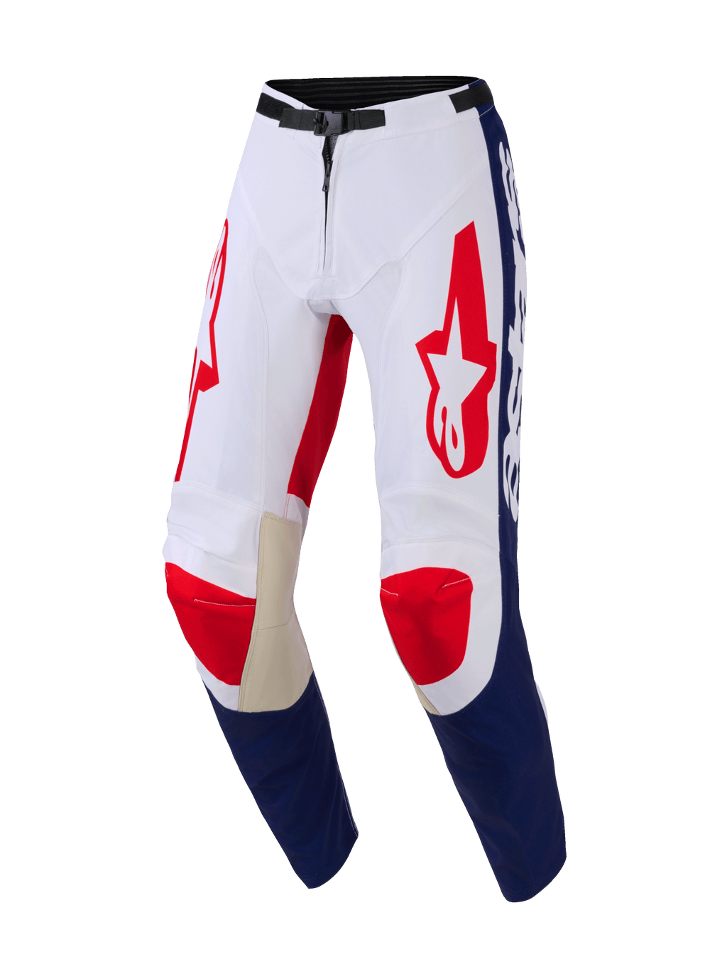 Alpinestars 2026 Racer Riway bukser, motocrossbukser, hvid, blå og rød, med røde Astar-logoer på lårene, blå paneler på underbenene, beige læderforstærkninger på indersiden af knæene og et sort magnetisk taljespænde, holdbart design til terrænkørsel