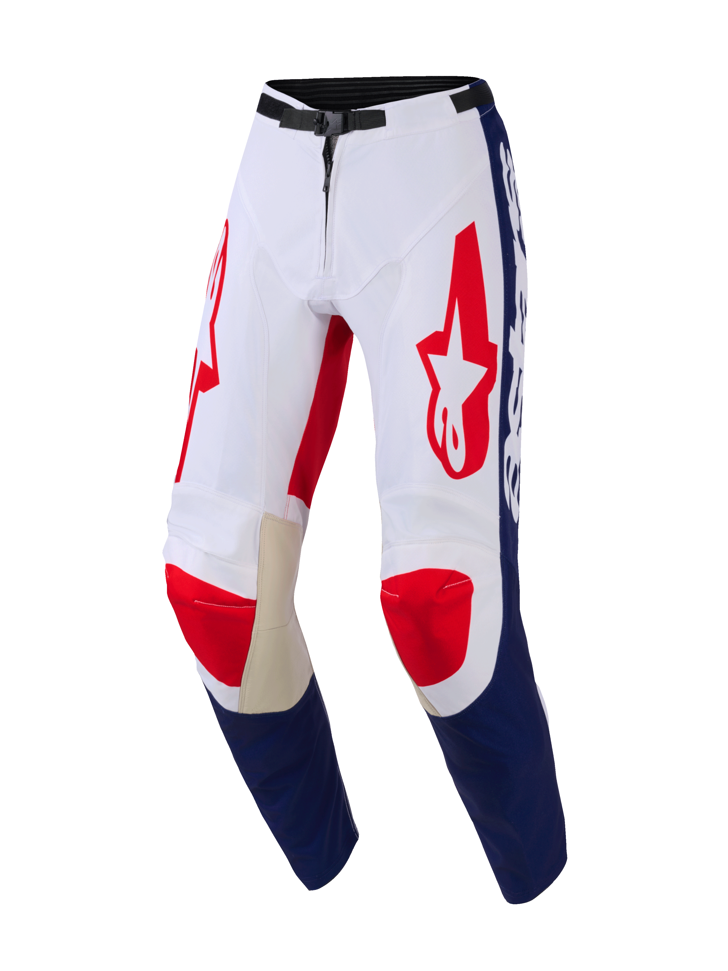 Alpinestars 2026 Racer Riway bukser, motocrossbukser, hvid, blå og rød, med røde Astar-logoer på lårene, blå paneler på underbenene, beige læderforstærkninger på indersiden af knæene og et sort magnetisk taljespænde, holdbart design til terrænkørsel