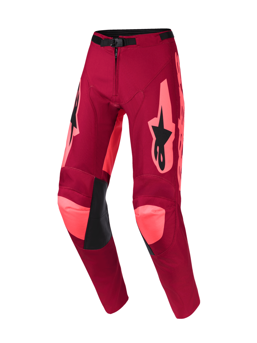 Alpinestars 2026 Racer Riway bukser, motocross-bukser, Dark Red Coral, med klare koralfarvede detaljer på knæene og siderne, sort Alpinestars-logo på lårene, sorte læderpaneler på indersiden af knæene og justerbart taljespænde, slidstærkt off-road racerdesign