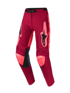 Alpinestars 2026 Racer Riway bukser, motocross-bukser, Dark Red Coral, med klare koralfarvede detaljer på knæene og siderne, sort Alpinestars-logo på lårene, sorte læderpaneler på indersiden af knæene og justerbart taljespænde, slidstærkt off-road racerdesign