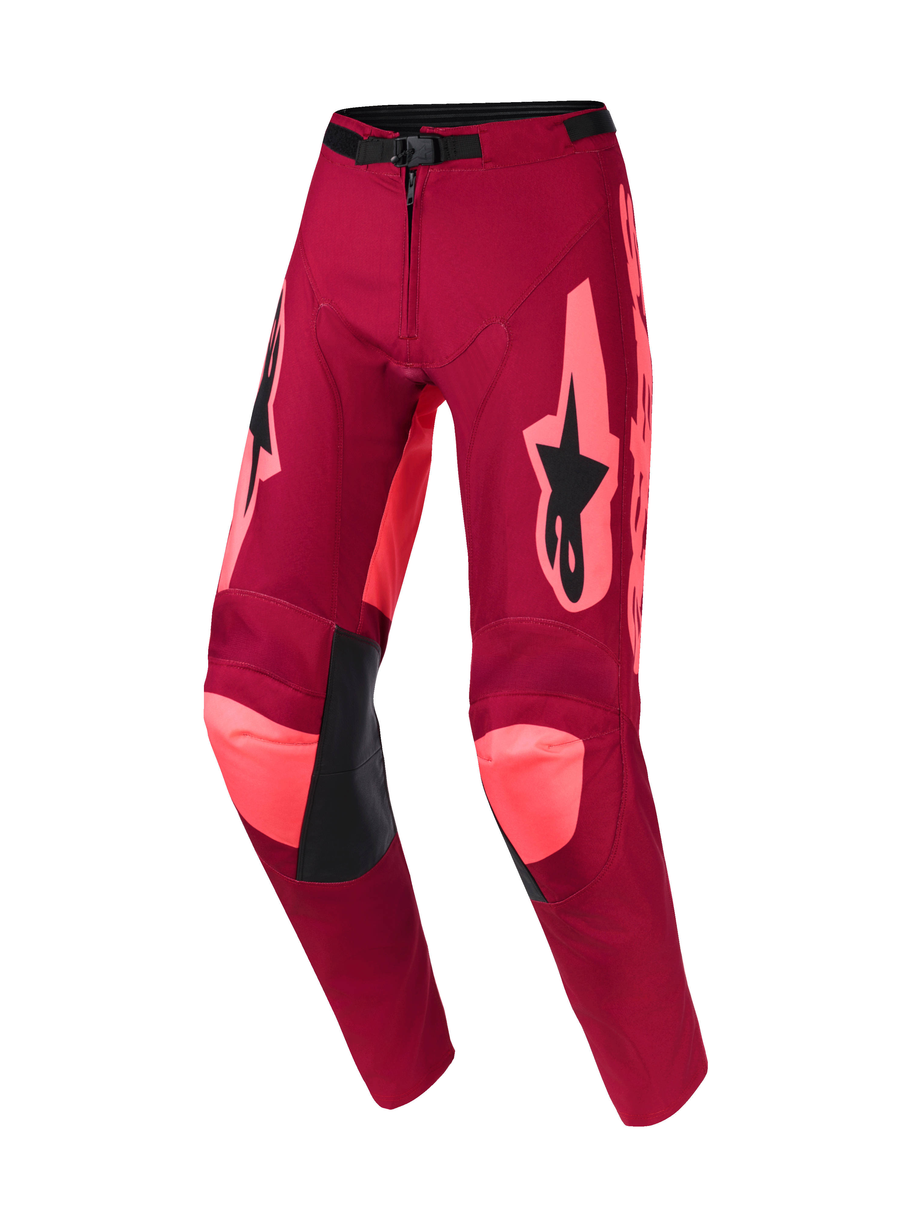 Alpinestars 2026 Racer Riway bukser, motocross-bukser, Dark Red Coral, med klare koralfarvede detaljer på knæene og siderne, sort Alpinestars-logo på lårene, sorte læderpaneler på indersiden af knæene og justerbart taljespænde, slidstærkt off-road racerdesign