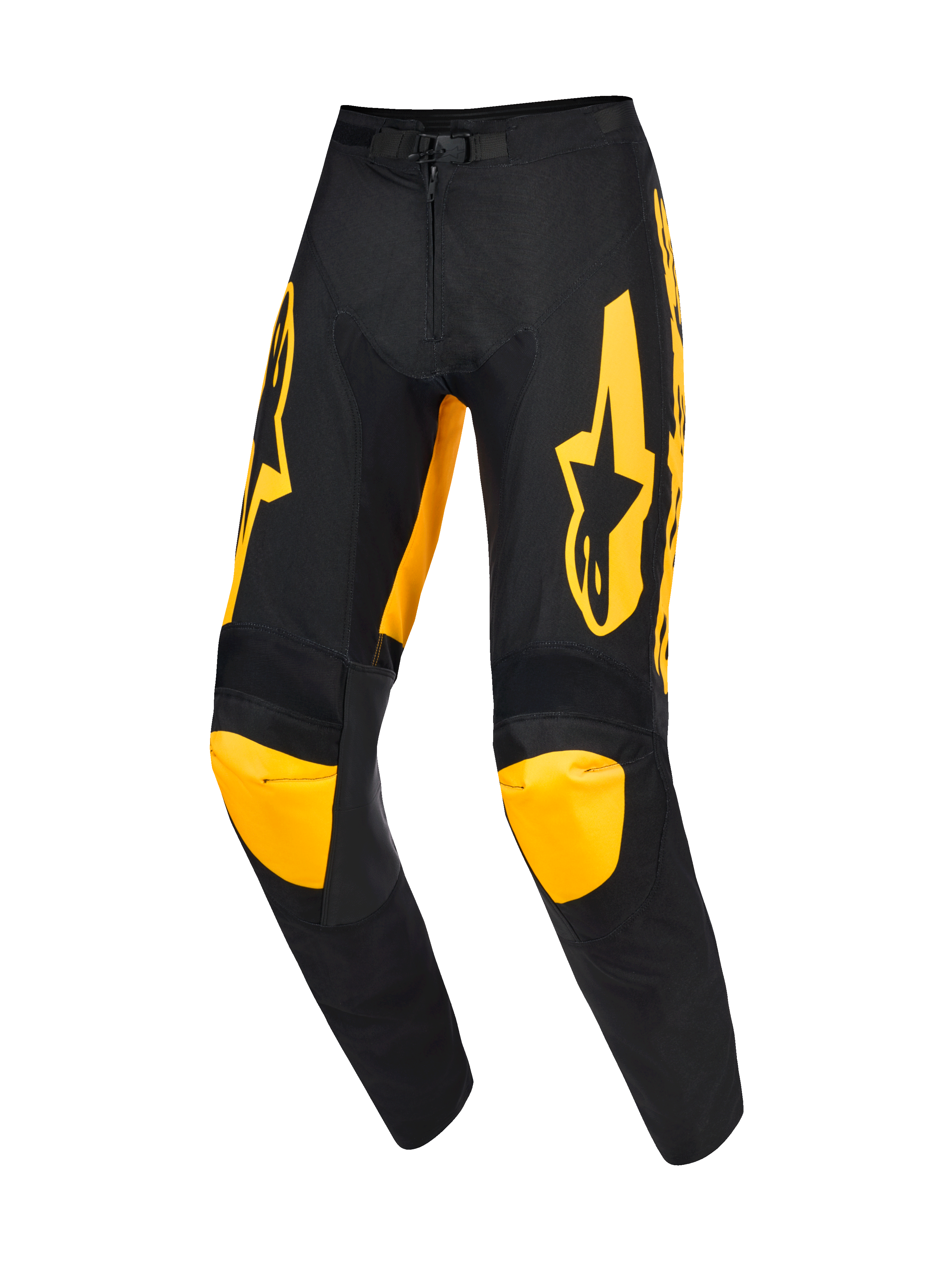 Alpinestars 2026 Racer Riway bukser, motocrossbukser, gul og sort, med markante gule logoer på lårene og gule knæpaneler, ergonomisk forbuet design, holdbar polyfabric-konstruktion til professionel off-road kørsel