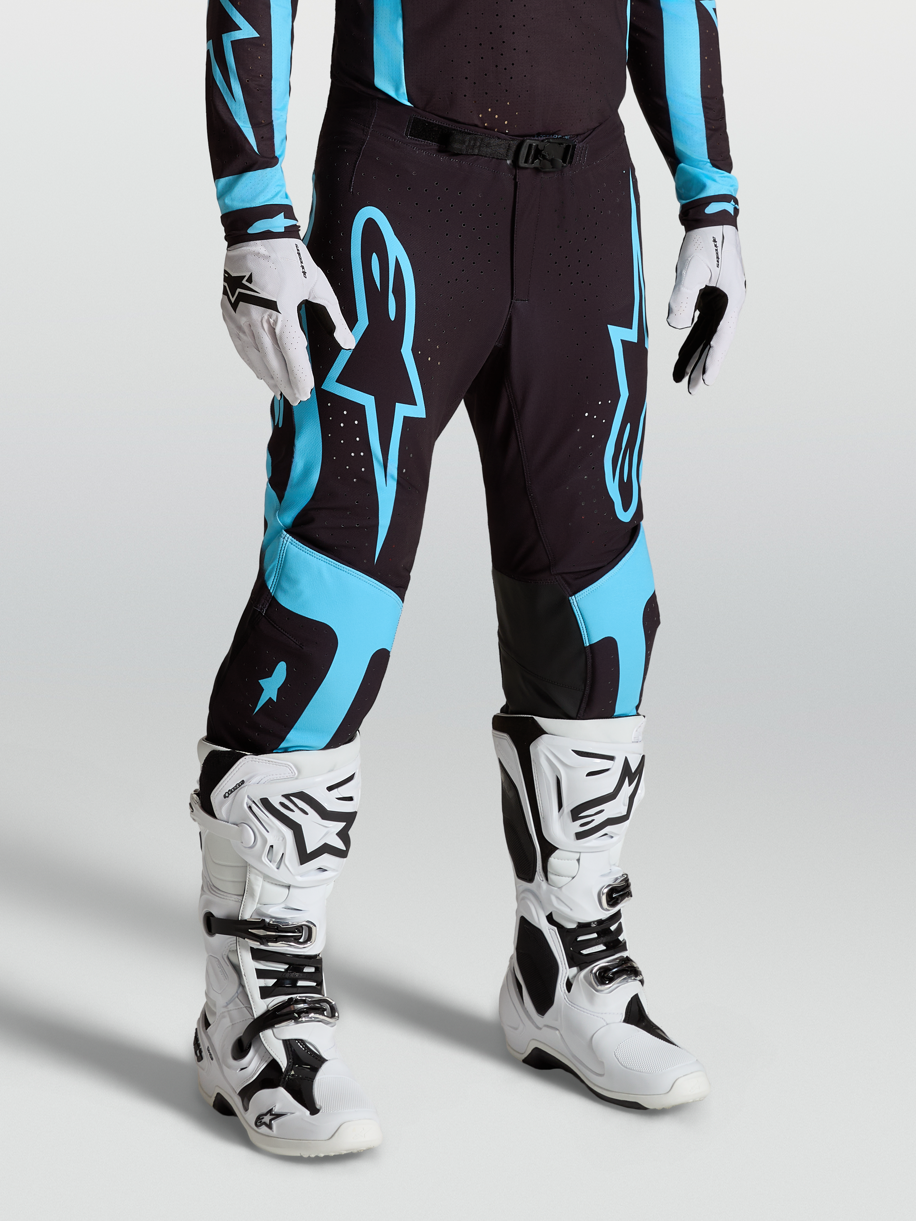 Alpinestars Supertech Vesta Pants, Motocross Racing Pants for Men, Black and Turquoise, Stretch Rip-stop with Goat Leather Knee Panels.