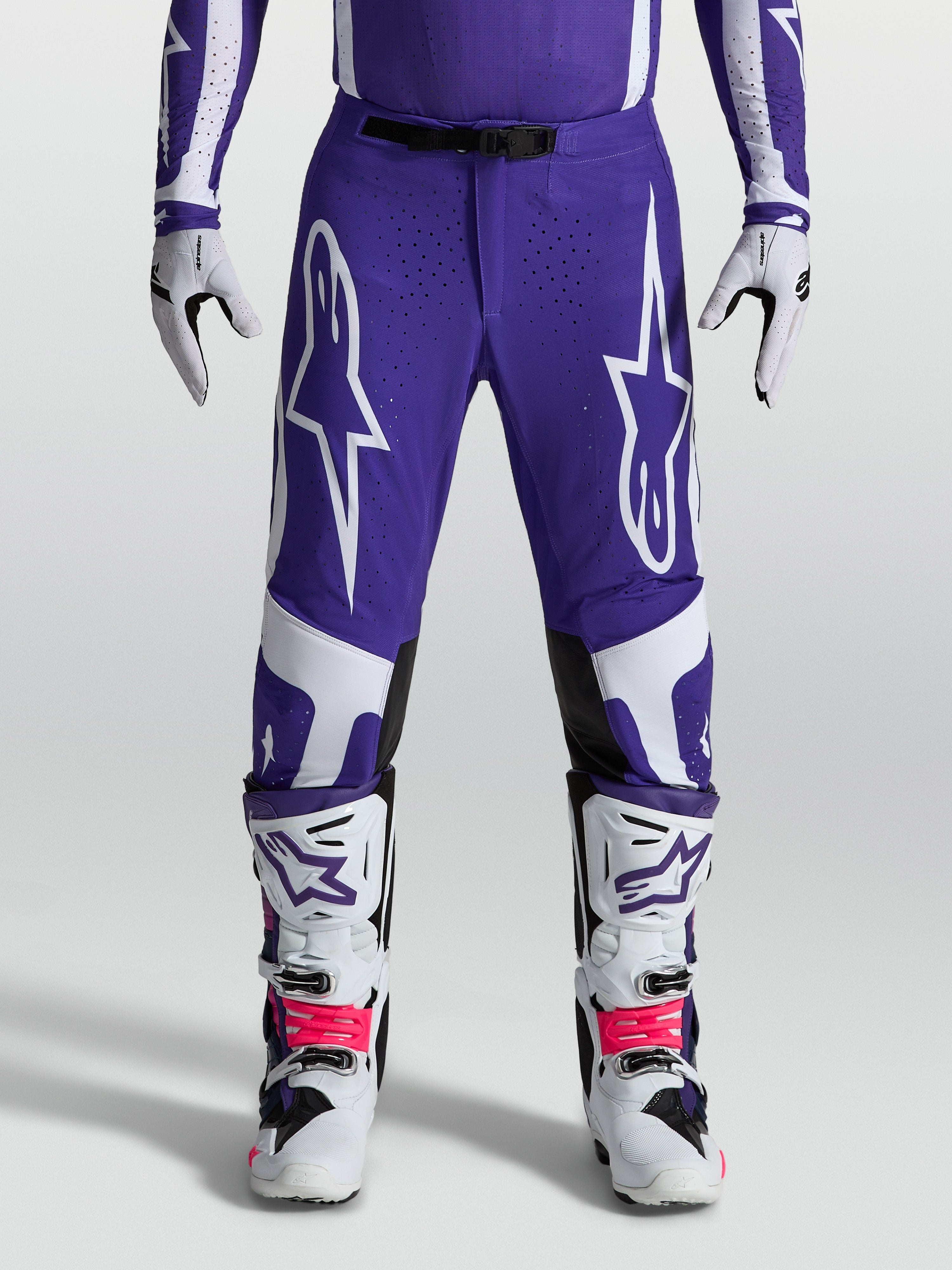 Alpinestars 2027 Supertech Vesta Pants, deep blue and white motocross pants for men with athletic fit and large logos.