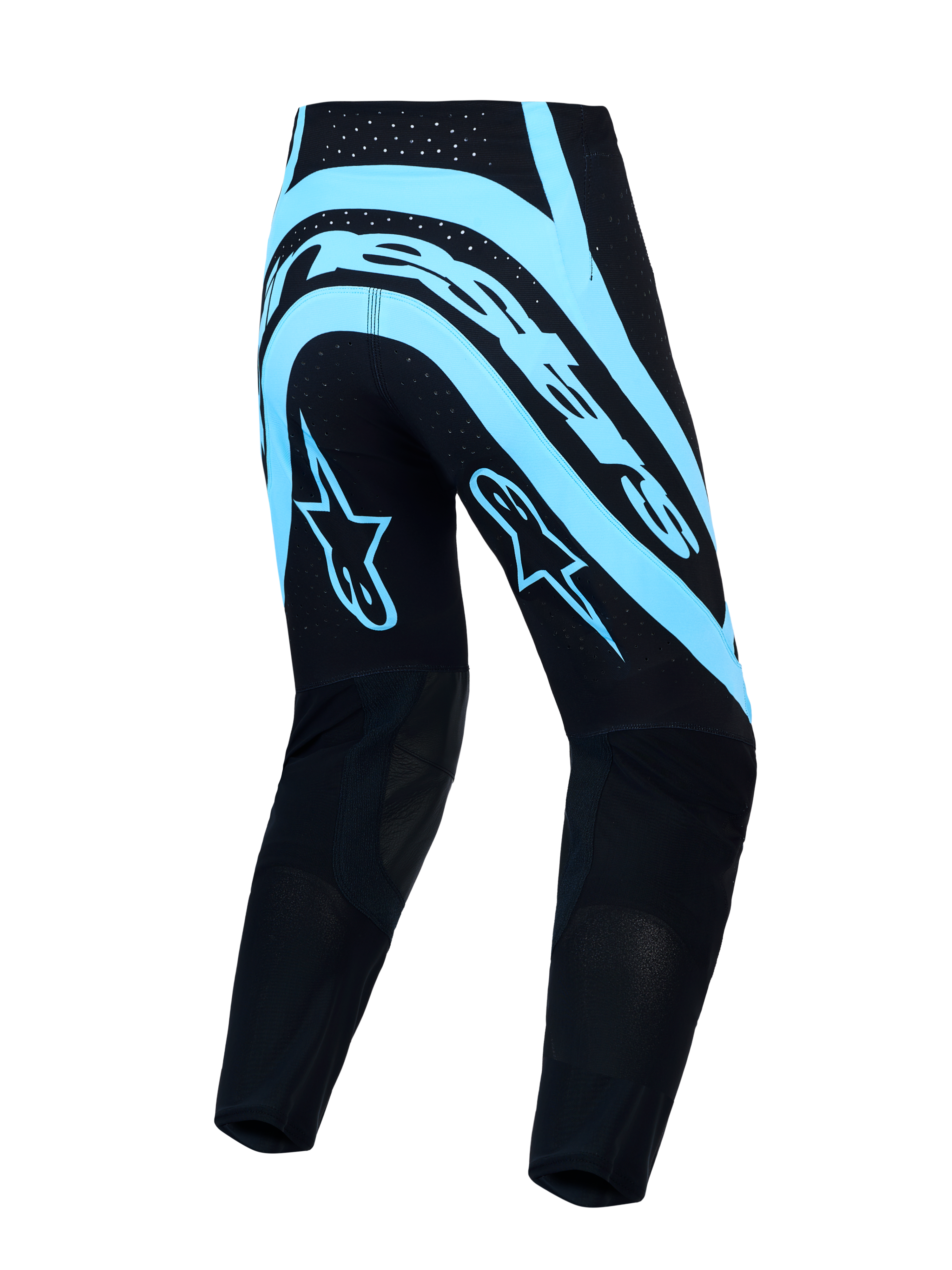 Alpinestars Supertech Vesta Motocross Pants, Black and Turquoise, featuring stretch rip-stop fabric and race fit.