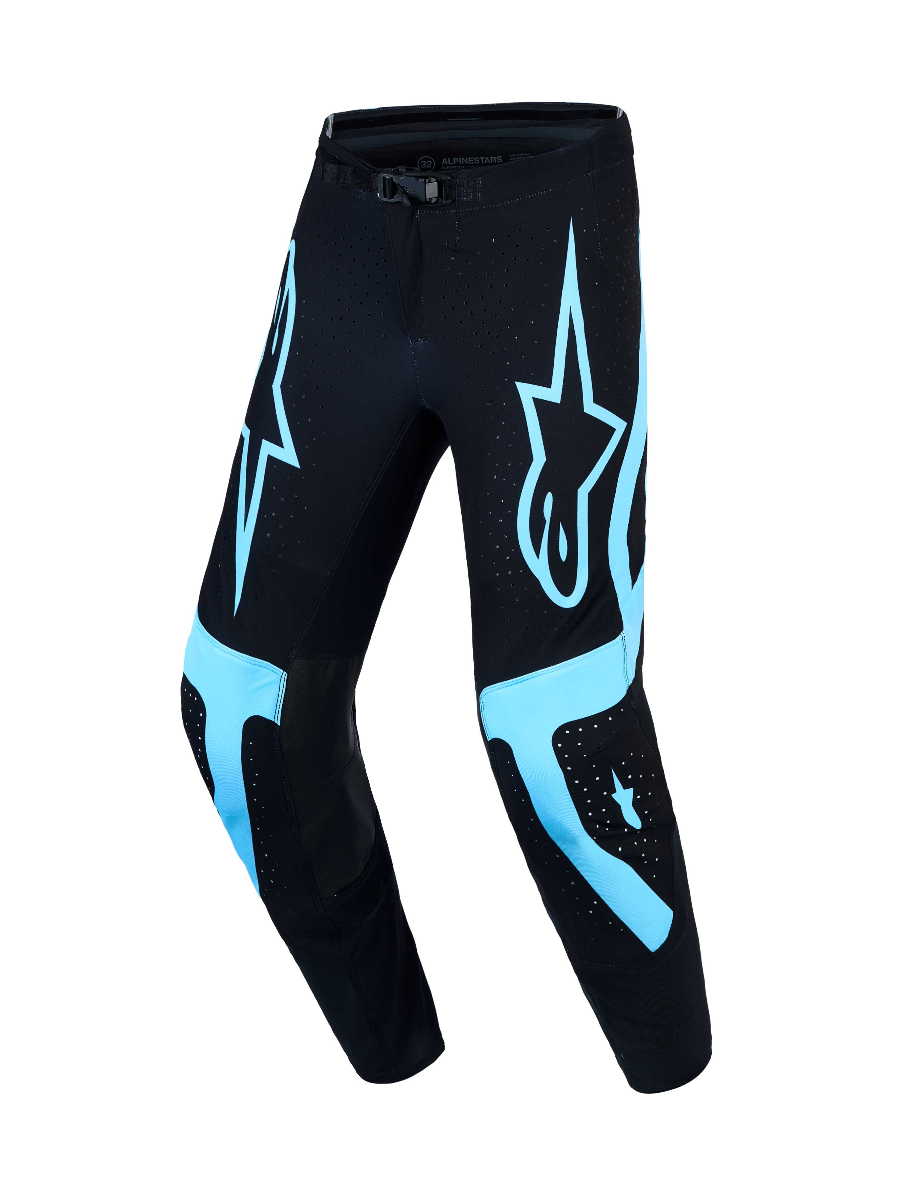 Alpinestars Supertech Vesta Motocross Pants, Black and Turquoise, with athletic race fit and ventilated stretch fabric.