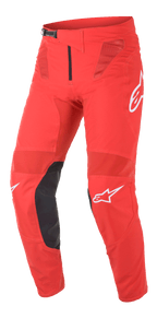 Alpinestars Supertech Blaze bukser, motocross-racerbukser, klar rød og sort, med mesh-ventilationspaneler, indvendige knæforstærkninger i sort læder, hvide A-star-logodetaljer og et justerbart skraldespænde i taljen til high-performance terrænkørsel