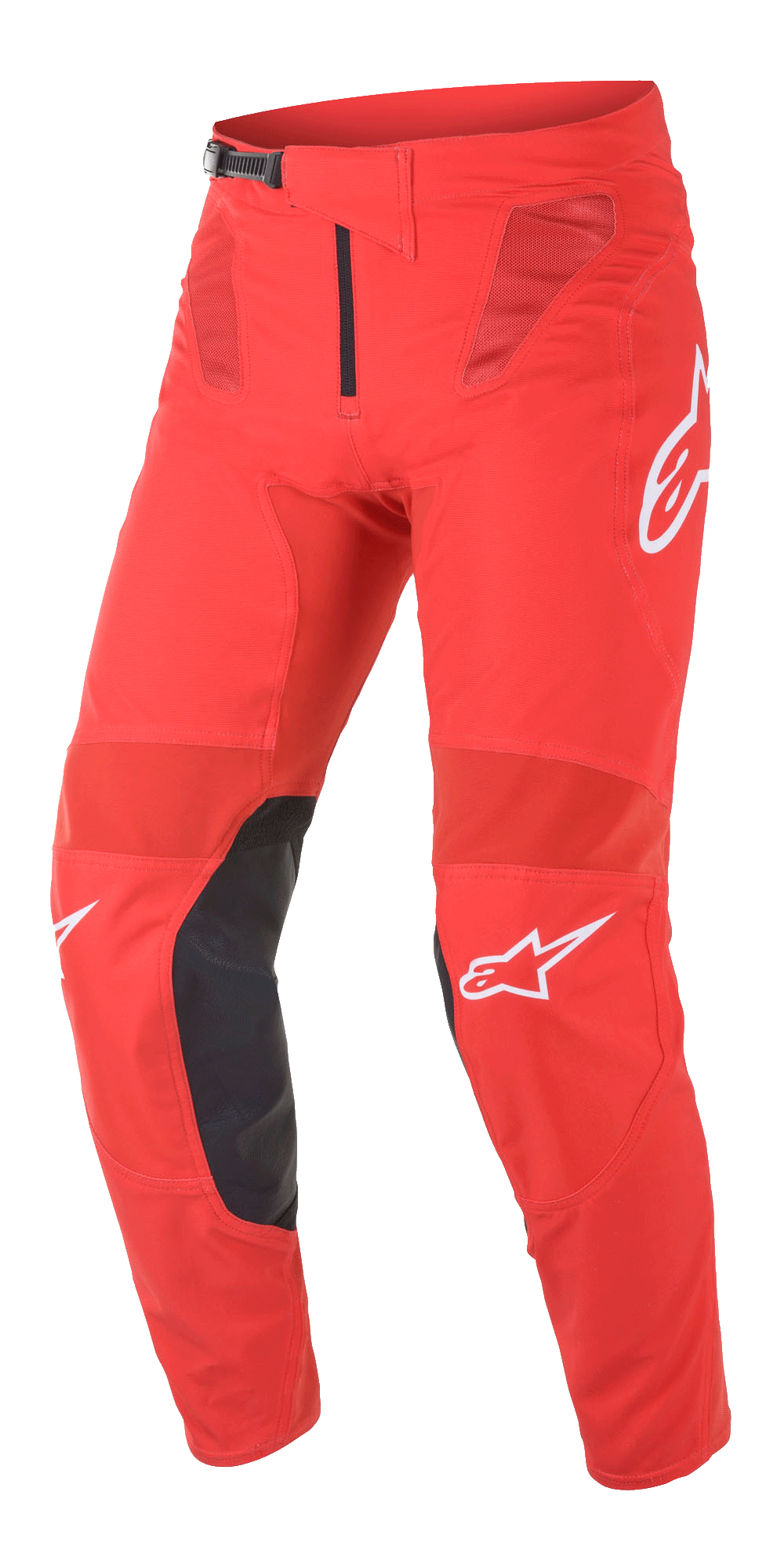 Alpinestars Supertech Blaze bukser, motocross-racerbukser, klar rød og sort, med mesh-ventilationspaneler, indvendige knæforstærkninger i sort læder, hvide A-star-logodetaljer og et justerbart skraldespænde i taljen til high-performance terrænkørsel