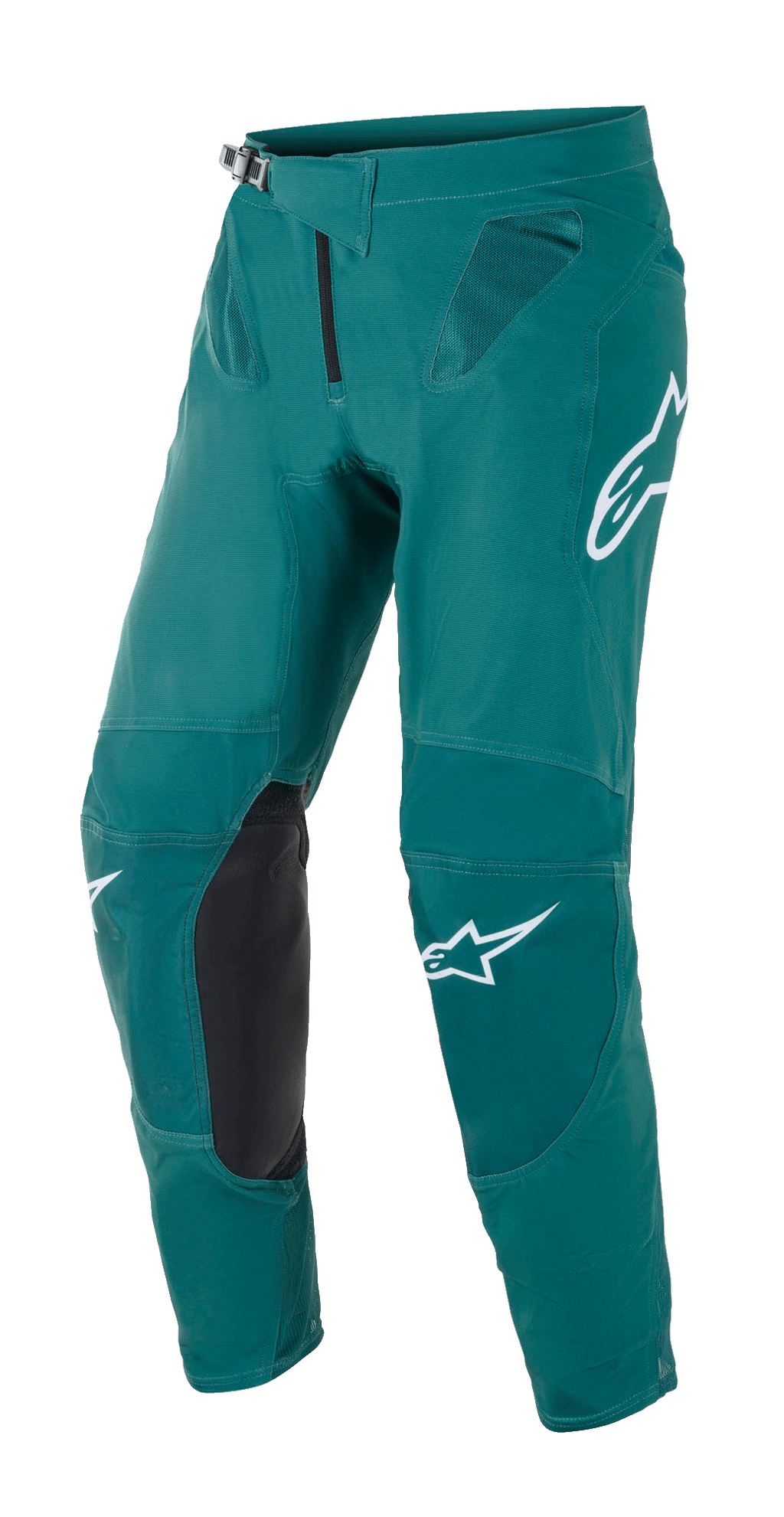 Alpinestars Supertech Blaze bukser, motocross-bukser, mørkegrønne, hvide Alpinestars-logoer, knæpaneler i sort læder, skraldelukning i taljen, mesh-ventilation ved hofterne, holdbar konstruktion til off-road kørsel