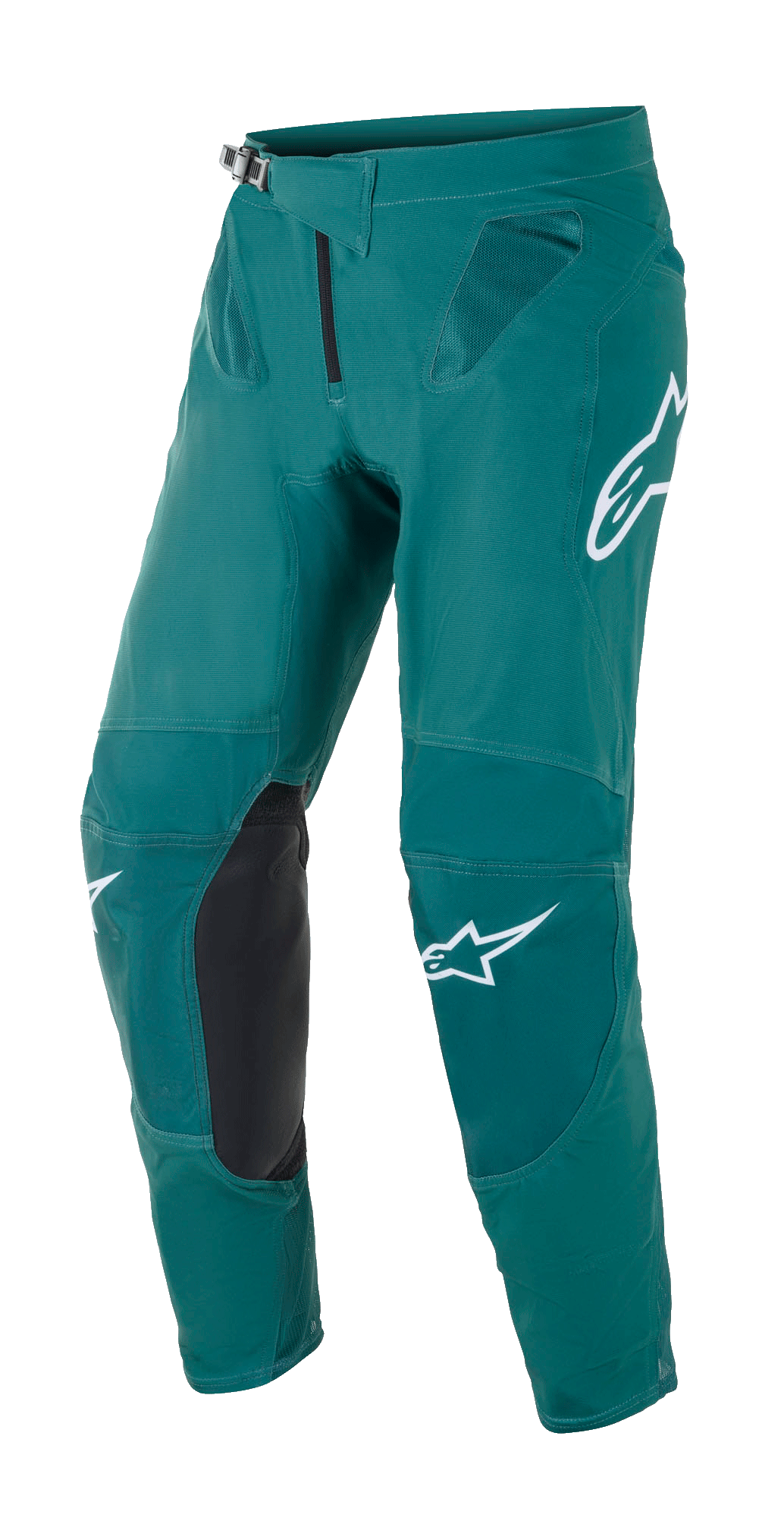 Alpinestars Supertech Blaze bukser, motocross-bukser, mørkegrønne, hvide Alpinestars-logoer, knæpaneler i sort læder, skraldelukning i taljen, mesh-ventilation ved hofterne, holdbar konstruktion til off-road kørsel