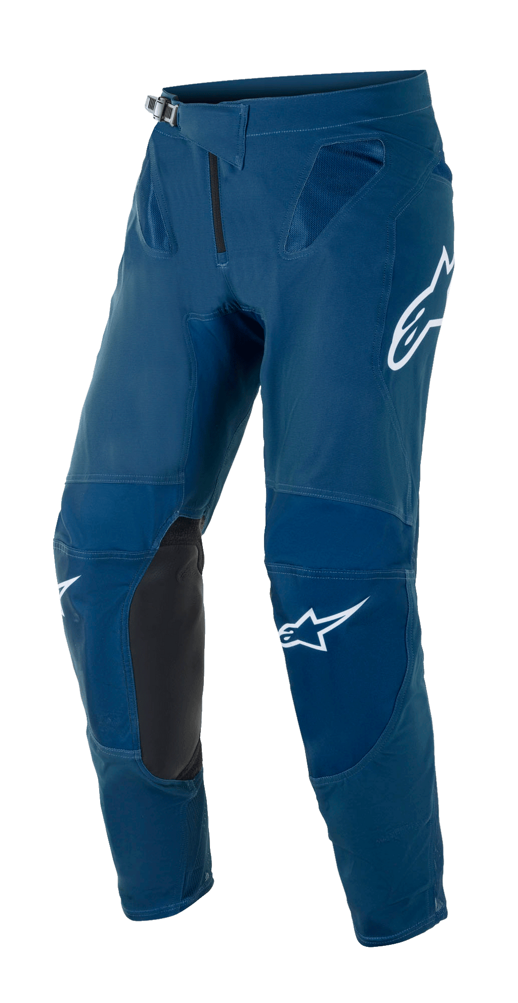 Alpinestars Supertech Blaze bukser, motocross-bukser til off-road, mørkeblå, med sorte læderpaneler på indersiden af knæene, hvide Alpinestars-logoer på lår og ben, justerbart skraldespænde i taljen og mesh-ventilationszoner ved hofterne.