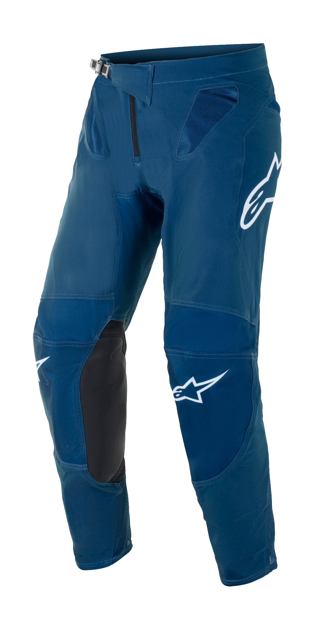 Alpinestars Supertech Blaze bukser, motocross-bukser til off-road, mørkeblå, med sorte læderpaneler på indersiden af knæene, hvide Alpinestars-logoer på lår og ben, justerbart skraldespænde i taljen og mesh-ventilationszoner ved hofterne.