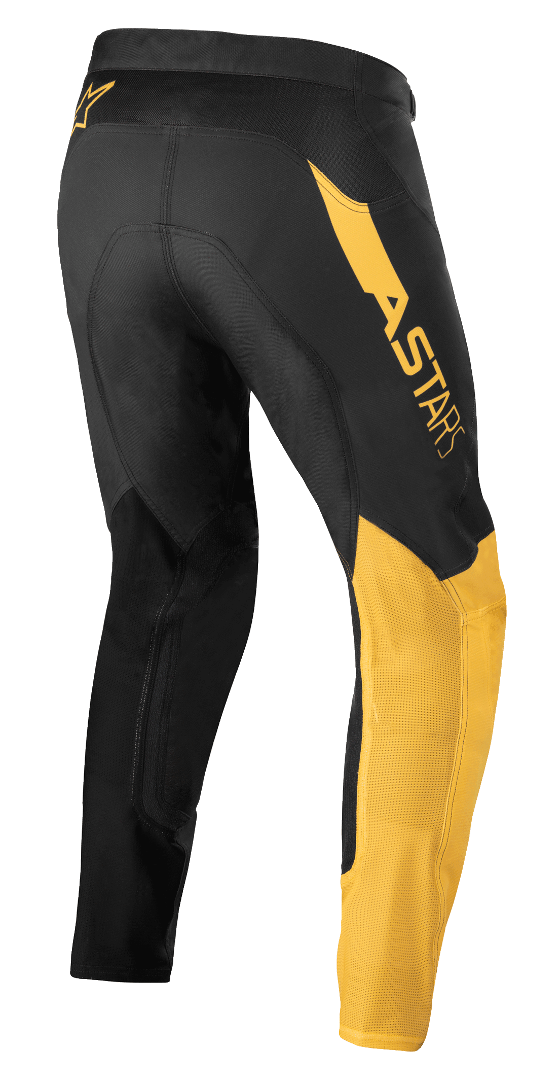 Alpinestars Supertech Blaze bukser, motocross-bukser, sort og varm gul, set bagfra fra siden, med markant 'ASTARS' logo på hoften, gule paneler på benet og teknisk strækmateriale til terrænkørsel