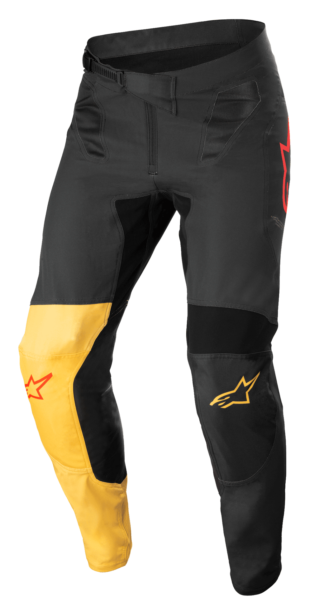 Alpinestars Supertech Blaze bukser, motocrossbukser, sort, varm gul og rød fluo, med et karakteristisk gult knæpanel, røde stjernelogo-detaljer, sikker skraldelukning i taljen og forstærkede beskyttelsespaneler til terrænkørsel.