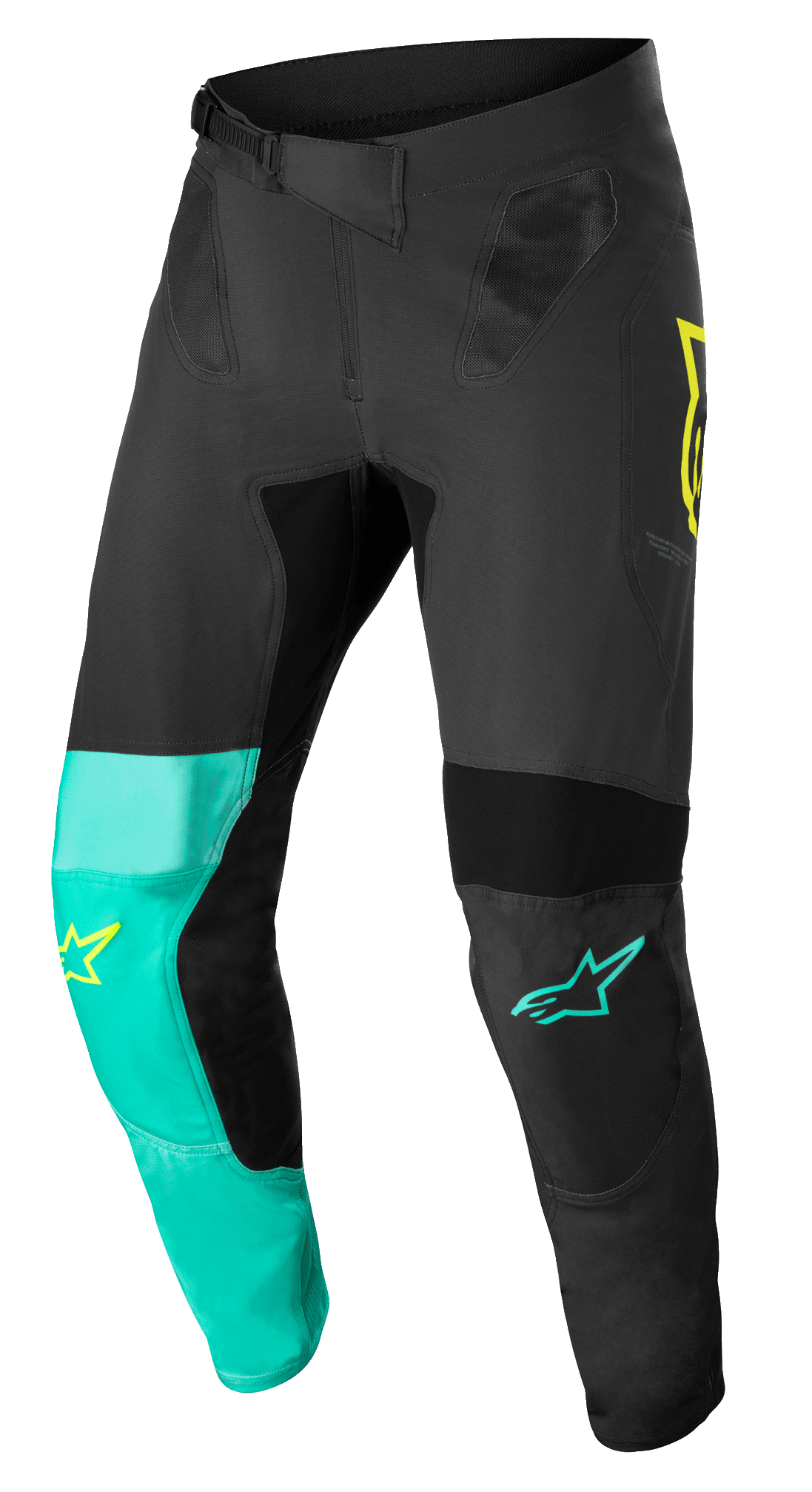Alpinestars Supertech Blaze bukser, motocross-bukser, sort, pastelgrøn og gul fluo, med asymmetriske benpaneler, gule og turkise stjernelogoer, mesh-ventilationsindsatser og justerbart taljebælte til off-road racing