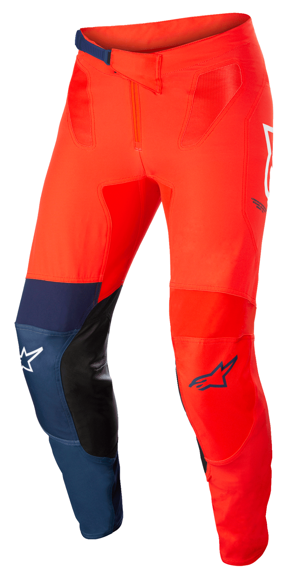 Alpinestars Supertech Blaze bukser, motocross off-road bukser, klar rød og mørkeblå med hvide detaljer, indvendige knæpaneler i sort læder, justerbar skraldelukning i taljen, hvide og blå Alpinestars-logoer, slidstærk stretch-konstruktion til motocross-racing