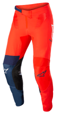 Alpinestars Supertech Blaze bukser, motocross off-road bukser, klar rød og mørkeblå med hvide detaljer, indvendige knæpaneler i sort læder, justerbar skraldelukning i taljen, hvide og blå Alpinestars-logoer, slidstærk stretch-konstruktion til motocross-racing