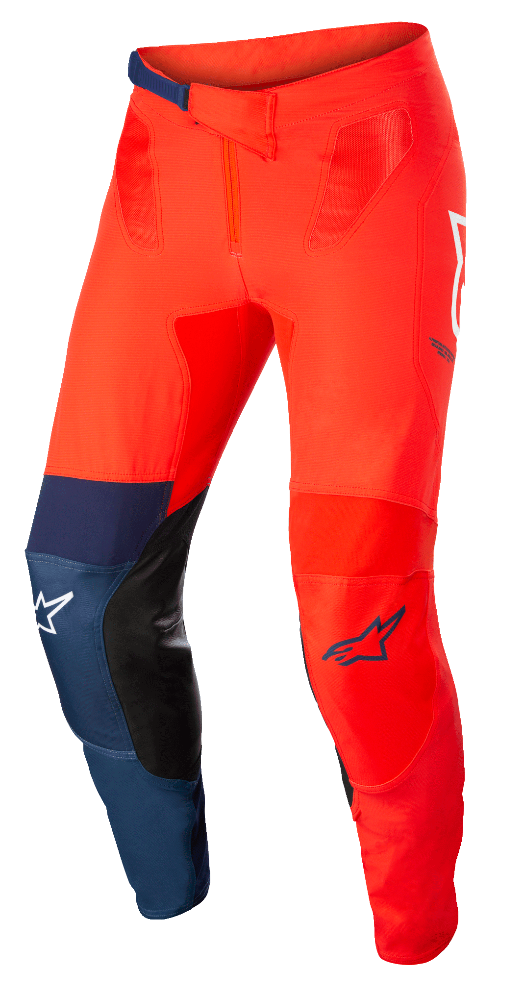 Alpinestars Supertech Blaze bukser, motocross off-road bukser, klar rød og mørkeblå med hvide detaljer, indvendige knæpaneler i sort læder, justerbar skraldelukning i taljen, hvide og blå Alpinestars-logoer, slidstærk stretch-konstruktion til motocross-racing