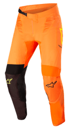 Alpinestars Supertech Blaze bukser, motocross racerbukser, orange med sorte og neon-gule detaljer, åndbare mesh-paneler, forstærkede 3D-læderområder på knæene, justerbart skraldebælte i taljen, slidstærk letvægtskonstruktion til off-road kørsel