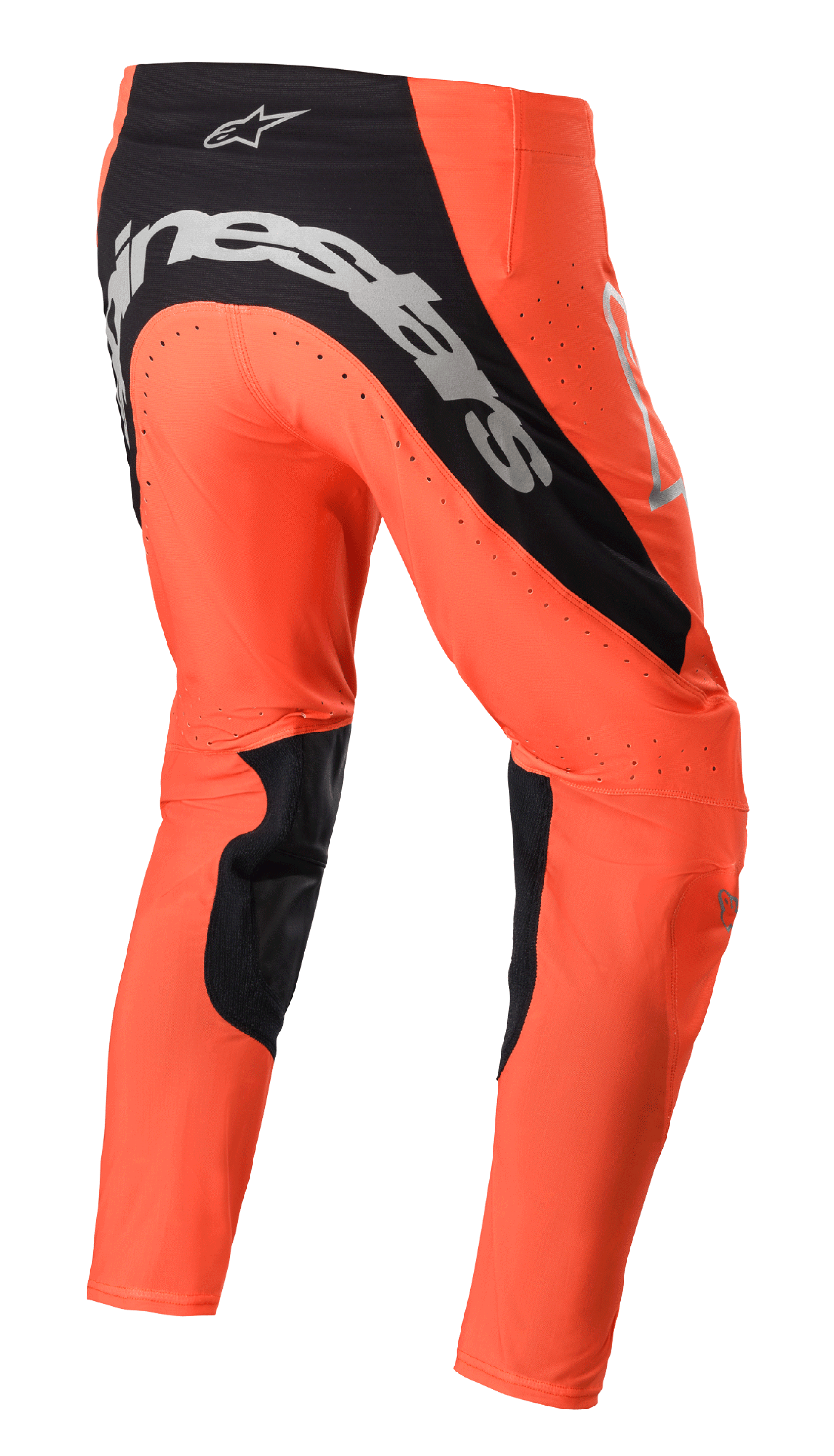 Alpinestars 2023 Supertech Risen bukser, motocrossbukser, Hot Orange og sort, set bagfra med markant sølvfarvet branding på sædet, sorte indvendige benpaneler og perforerede ventilationszoner til off-road racing.
