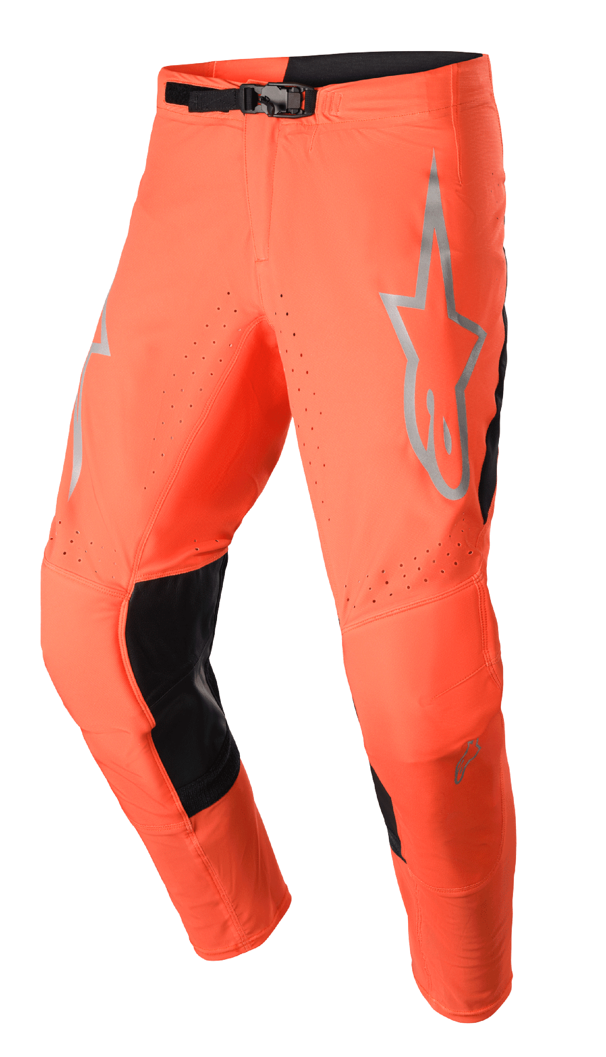 Alpinestars 2023 Supertech Risen bukser, motocross racerbukser, orange og sort, med et gråt stjernelogo på låret, justerbar spændelukning, perforerede ventilationszoner og forstærkede sorte paneler på indersiden af benene.