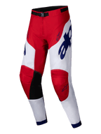 Alpinestars 2025 Racer Veil Pants, Motocross Pants, Bright Red and White with Blue accents, black inner knee panels, ergonomic pre-curved design, bold branding and star logos, durable gear for off-road racing