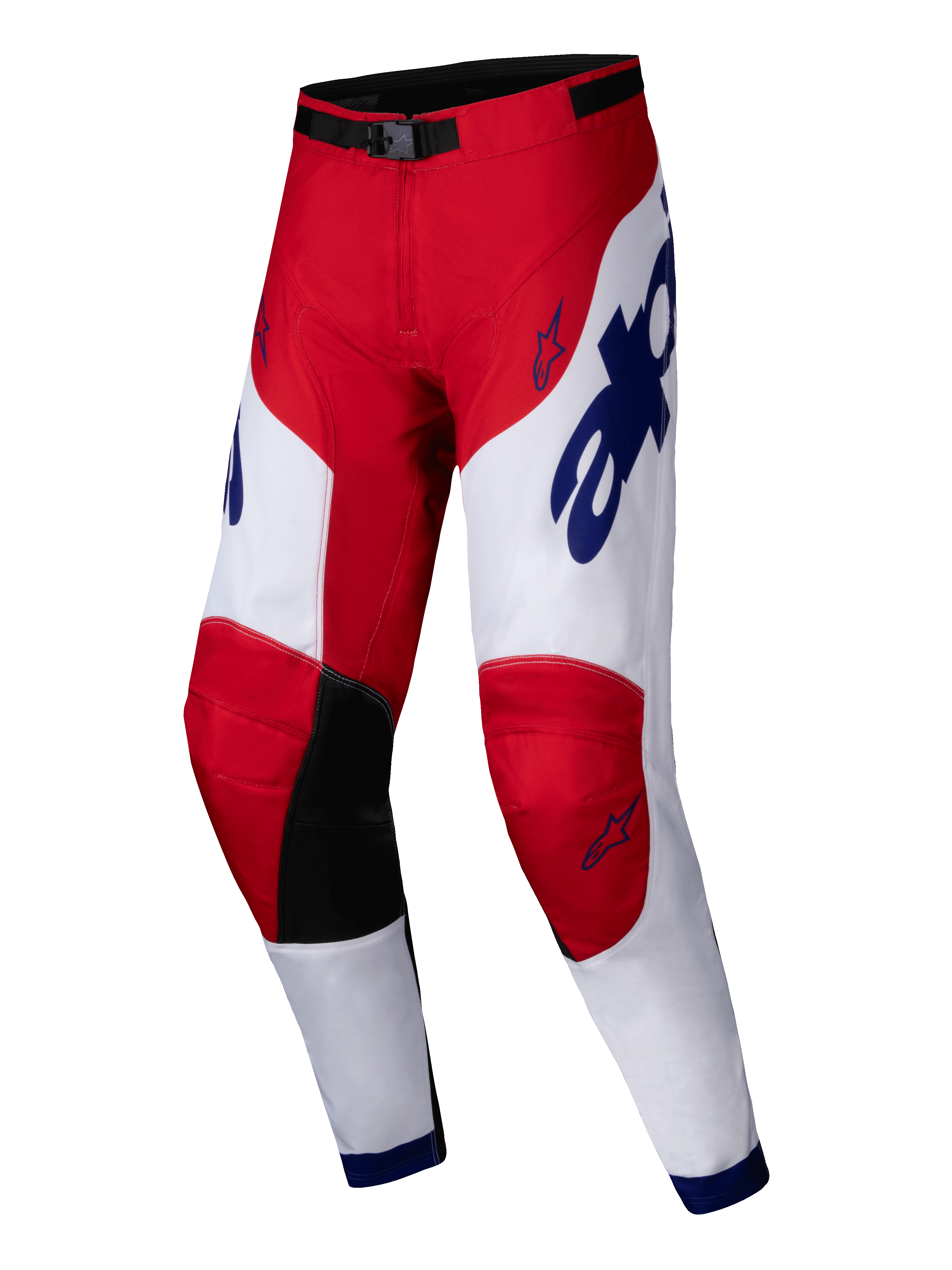 Alpinestars 2025 Racer Veil bukser, motocross-bukser, klare røde og hvide med blå accenter, sorte indvendige knæpaneler, ergonomisk forbøjet design, markant branding og stjernelogoer, slidstærkt udstyr til off-road racing