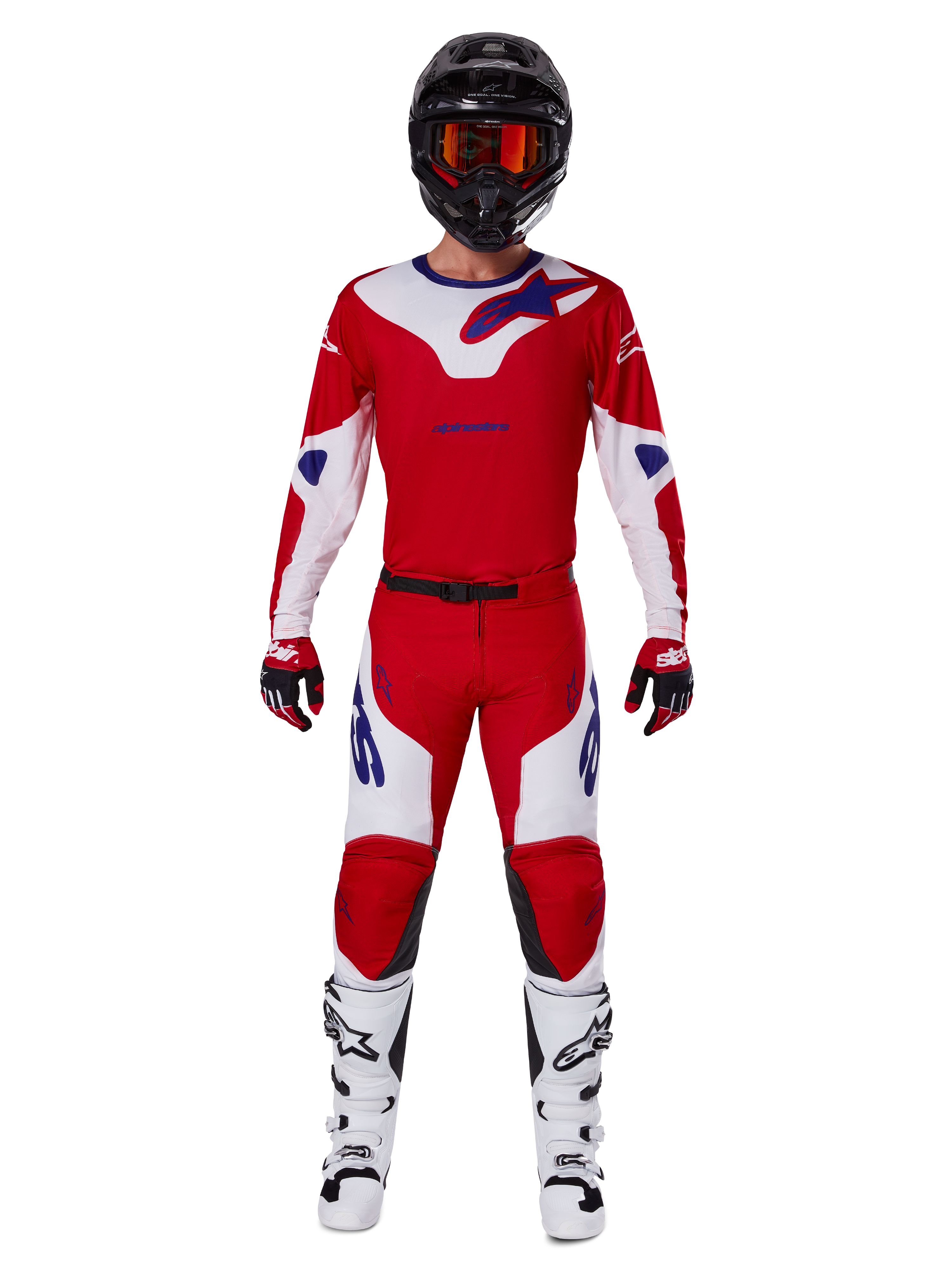 Alpinestars 2025 Racer Veil Pants and complete motocross gear set, Bright Red and White with blue accents, featuring a matching jersey, black helmet with orange goggles, white and black boots, and red gloves, coordinated performance look for off-road racing