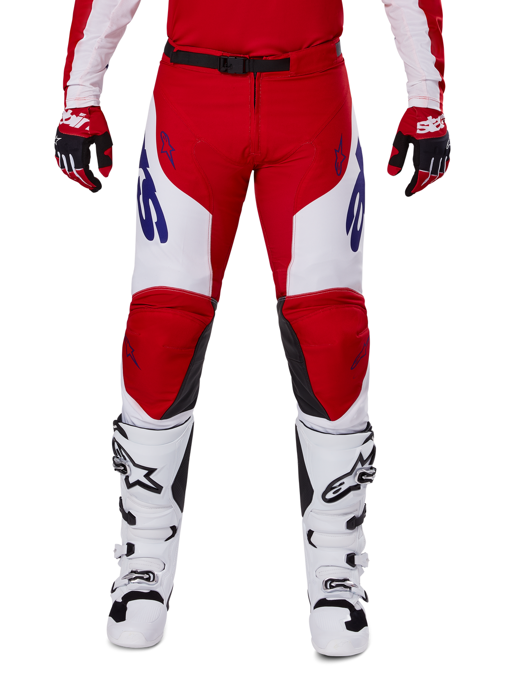 Alpinestars 2025 Racer Veil Pants, Motocross Pants, Bright Red and White, worn with matching red gloves and white boots, featuring blue branding on the thighs and a black waist belt, ergonomic sport cut for performance riding