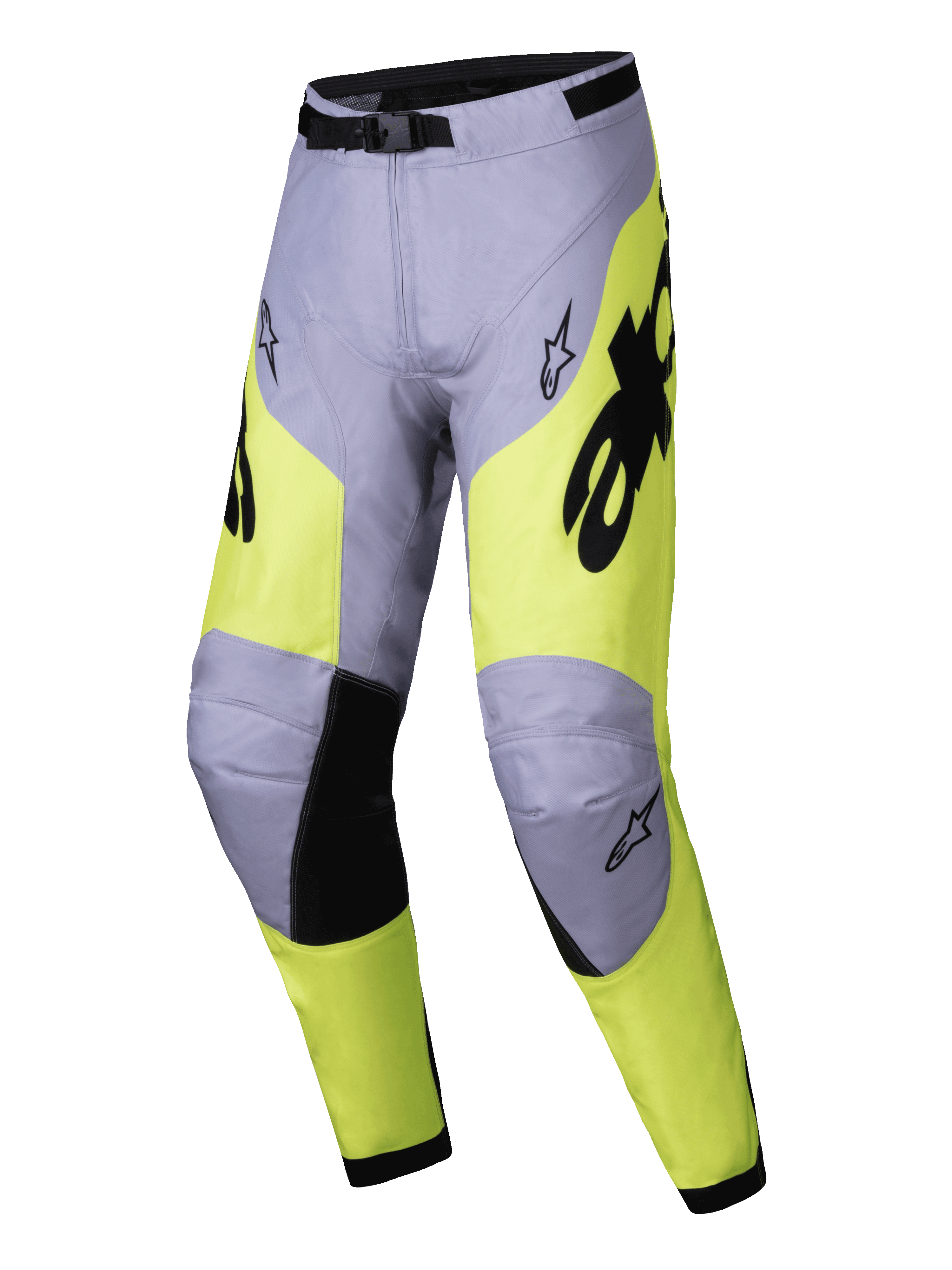 Alpinestars 2025 Racer Veil Pants, Motocross Pants, Gray and Yellow Fluo, Black accents on inner knees and waist buckle, sporty ergonomic design with Alpinestars logos, durable textile for off-road racing