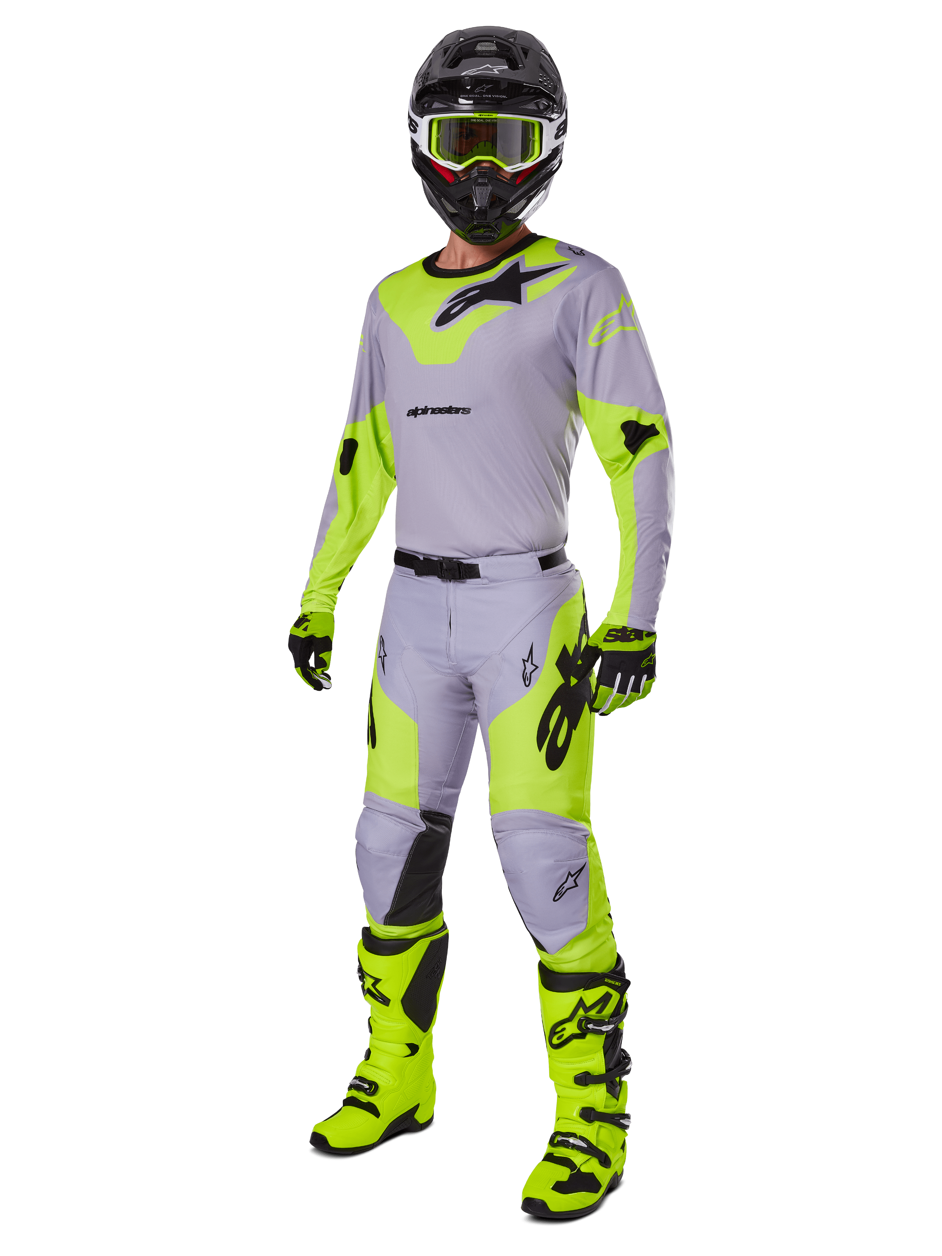 Alpinestars 2025 Racer Veil Pants, Motocross Pants, Gray and Yellow Fluo, worn with matching jersey, black helmet, fluo yellow goggles, boots, and gloves, coordinated off-road racing outfit featuring bold branding and ergonomic design.