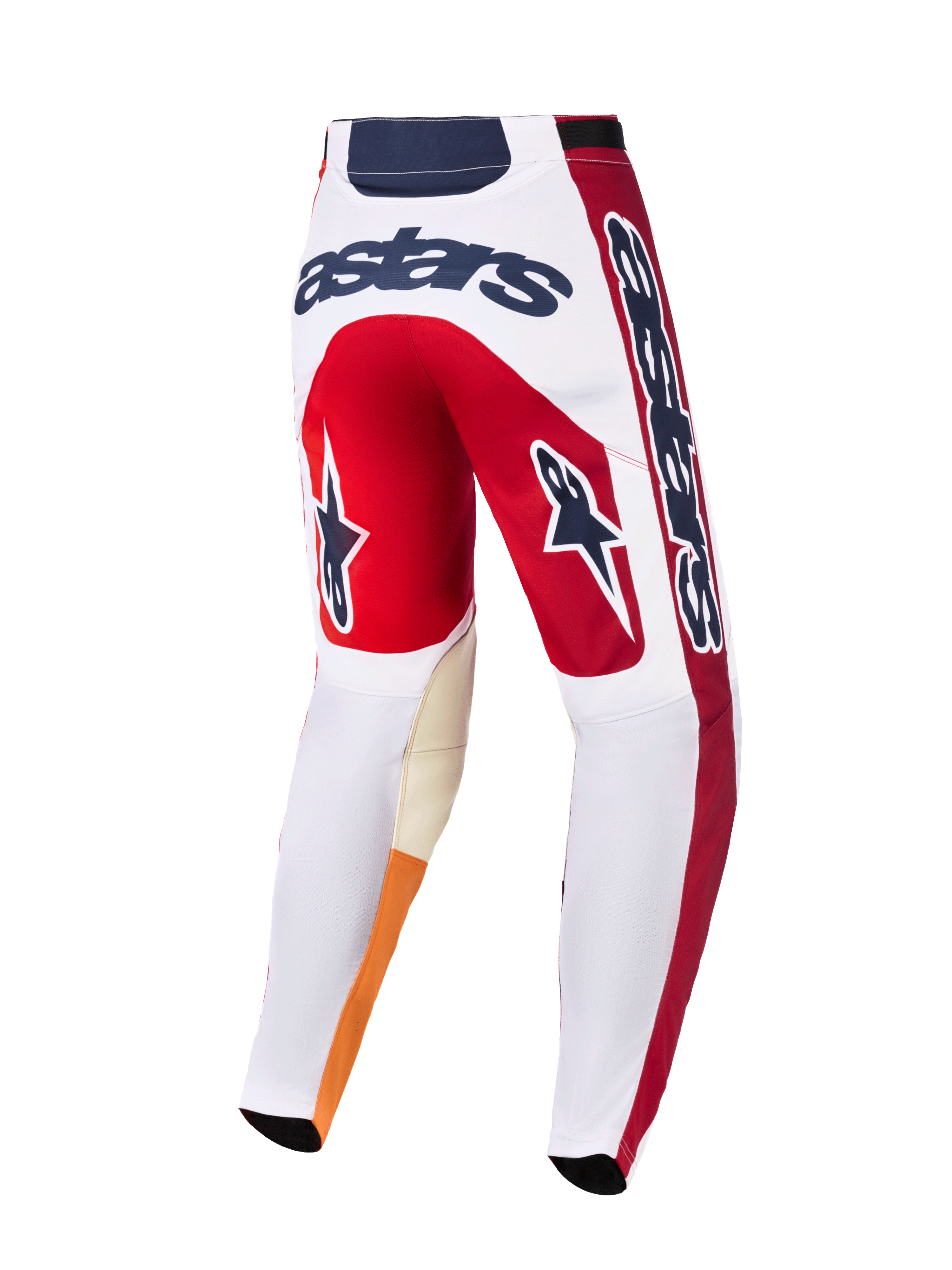 Alpinestars 2026 Racer Portl bukser, motocross-bukser, rød, hvid og mørkegrå, set bagfra med markant 'astars'-logo bagpå, stjerneikoner på benene, holdbart materiale med forstærkede indvendige knæ til terrænkørsel