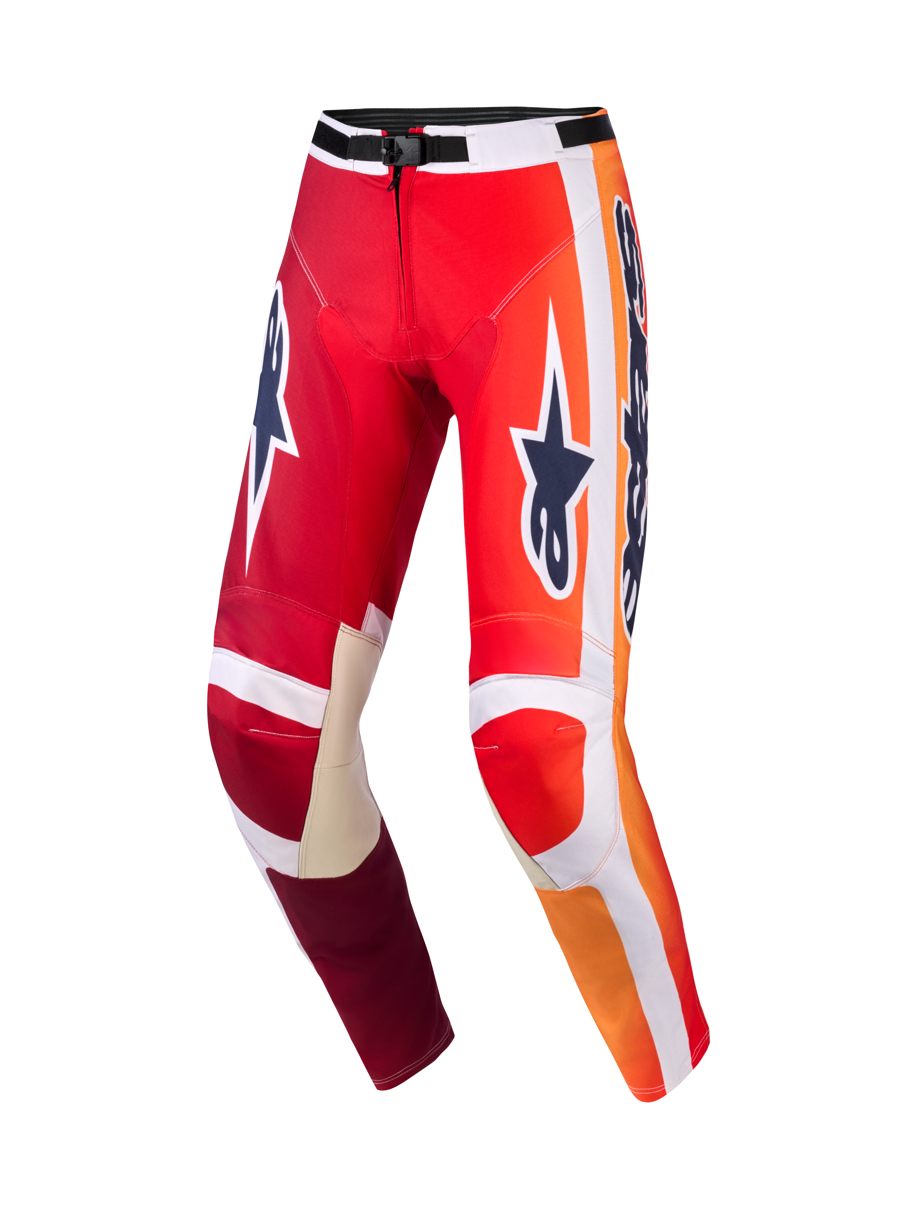 Alpinestars 2026 Racer Portl bukser, motocross-bukser, rød og lysegrå med mørkegrå logoer, livlige orange gradueringer og hvide striber, stor Astar-branding på lårene, lysegrå læderforstærkninger på indersiden af knæene, sort taljespænde, holdbart udstyr til off-road racing