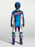 Alpinestars Techstar Maven Gear Set og bukser, herre-motocrossudstyr i blå og hvid med pink og grønne detaljer.