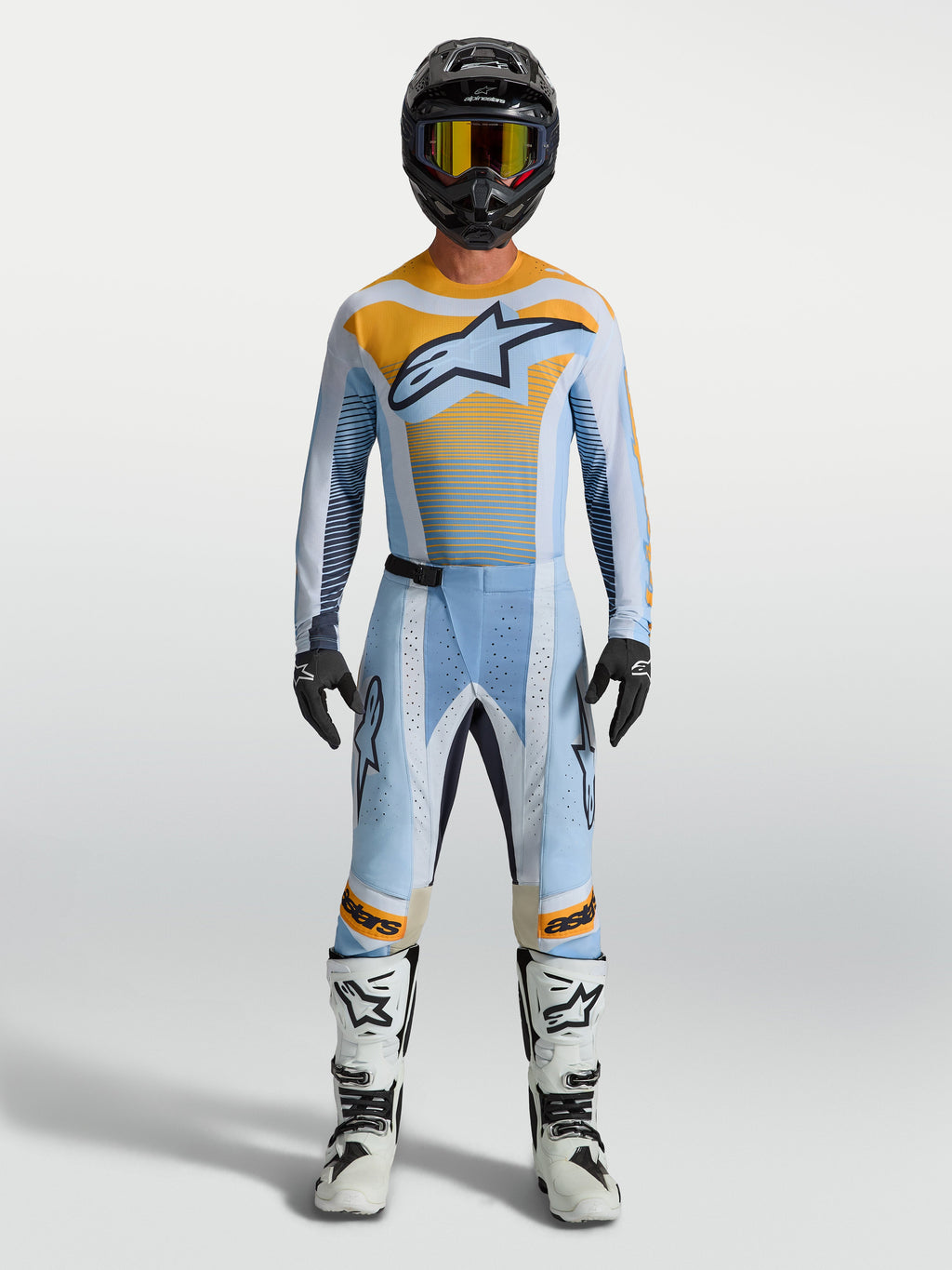 Alpinestars Techstar Maven bukser, herre-motocrossbukser i blå og orange, designet med race-pasform og strækzoner til off-road kørsel.