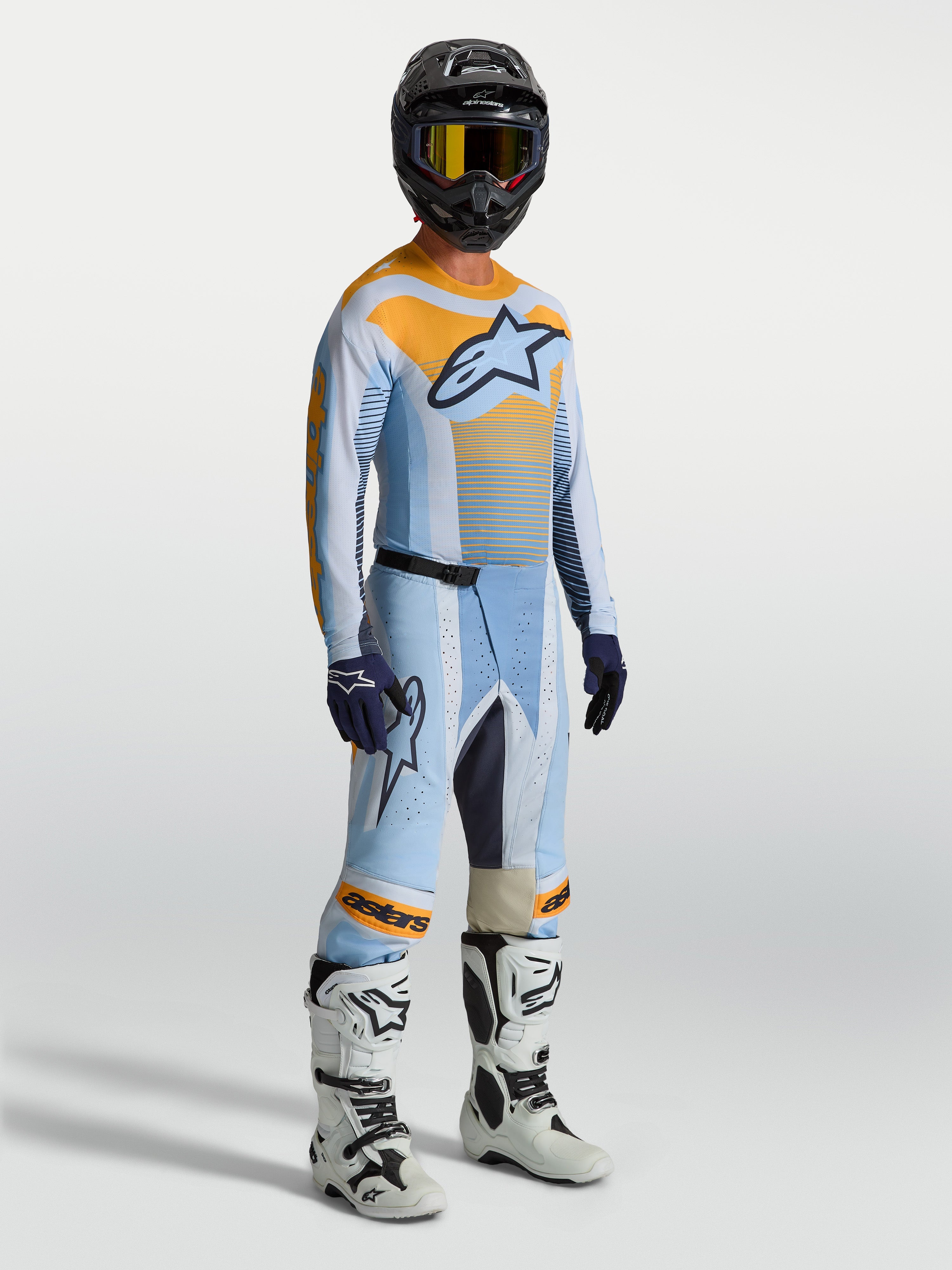 Alpinestars Techstar Maven Bukser, herre-motocrossbukser i blå og orange, atletisk race-pasform med holdbare strækzoner