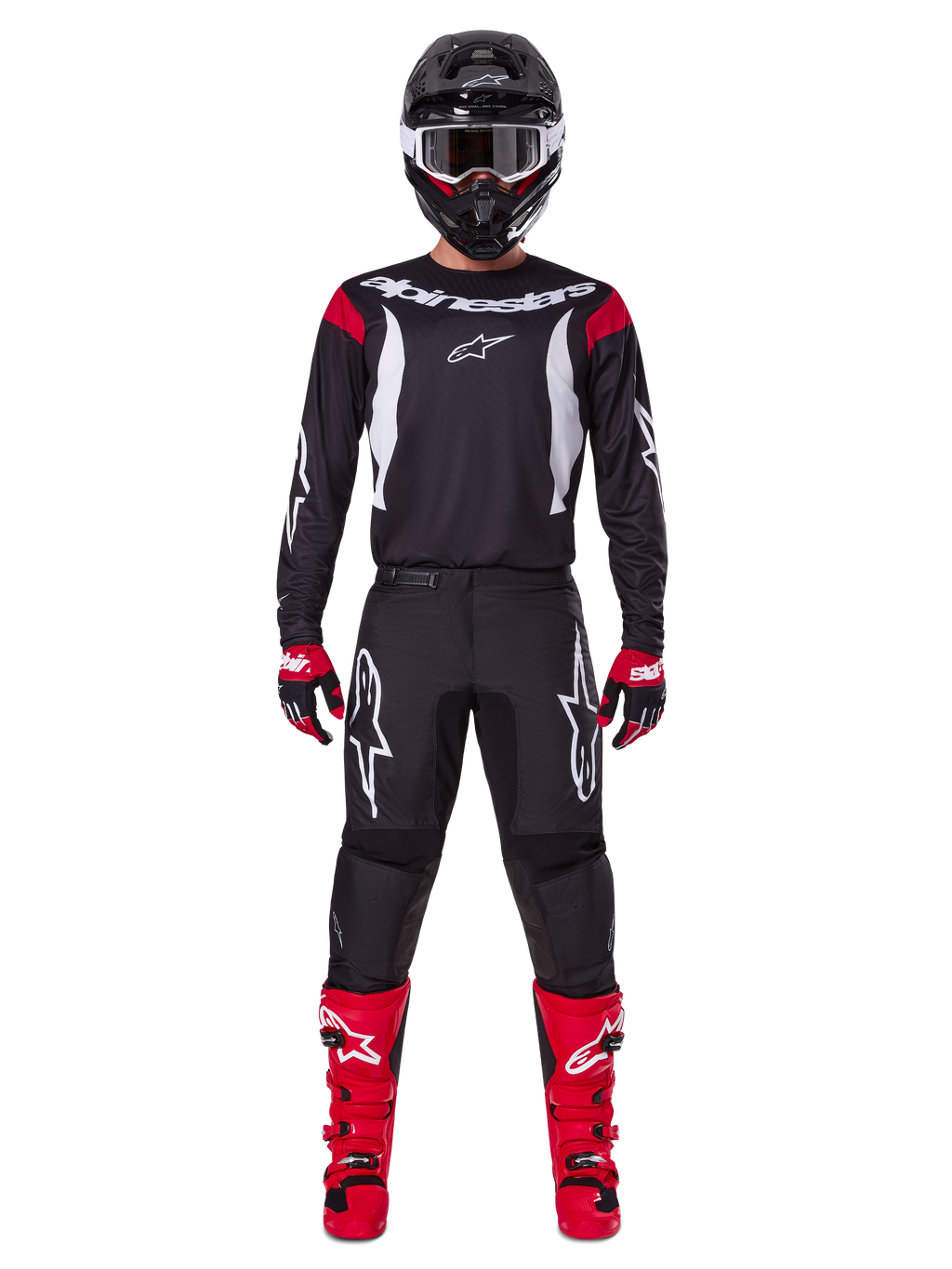 Alpinestars 2025 Fluid Haul-udstyrssæt, motocross-kører i komplet racerudstyr, sort jersey med røde skulderdetaljer og hvide logoer, sorte bukser med hvidt stjerne-branding, klare røde støvler, røde og sorte handsker, sort hjelm med hvide beskyttelsesbriller, koordineret off-road performance-look
