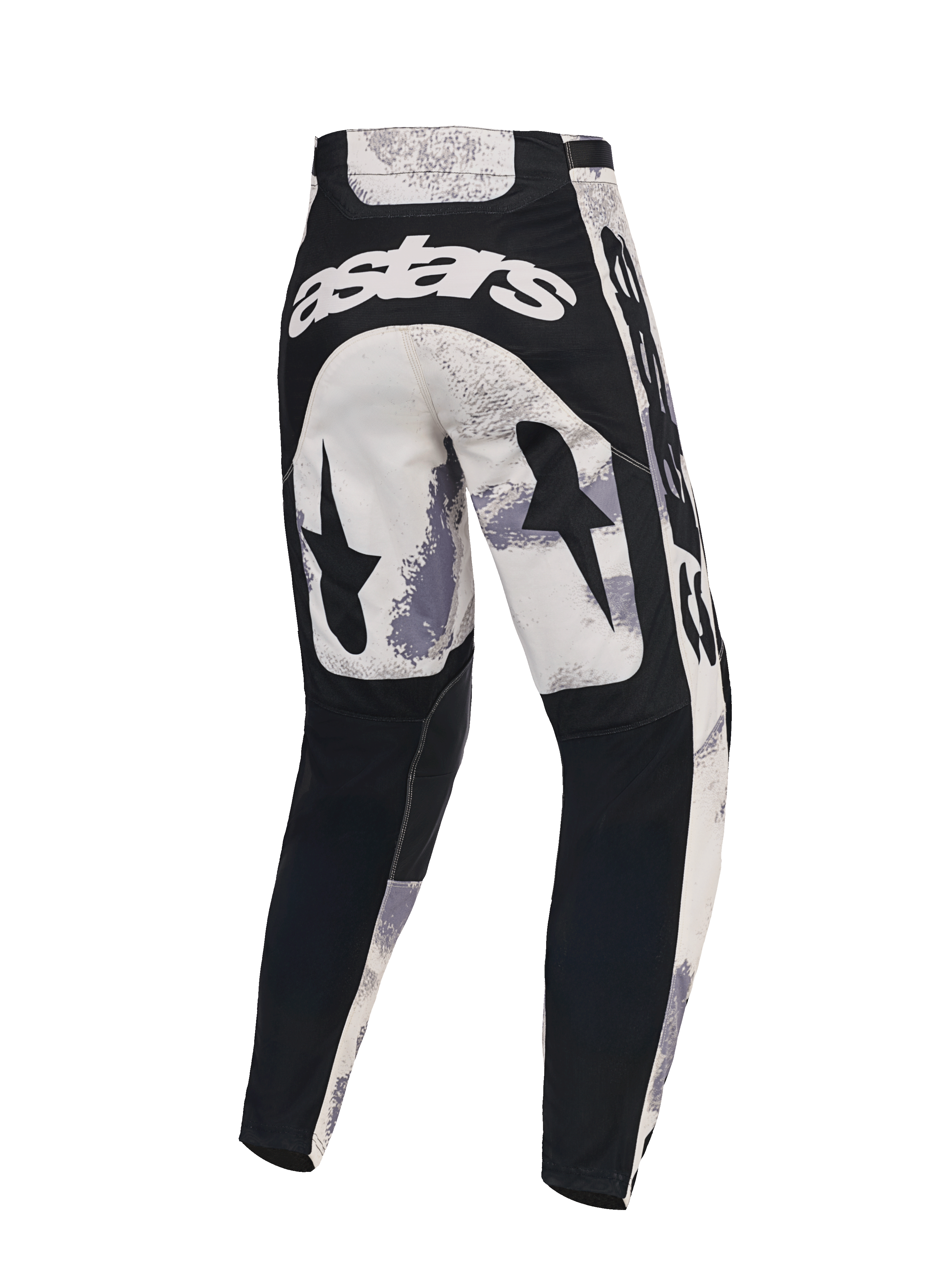 Alpinestars 2026 Racer Lahnd bukser, motocross-bukser, sandfarvet camo og grå, set bagfra med hvidt astars-branding på tværs af bagsiden, sort stjernegrafik på lårene og sorte paneler på underbenene, ergonomisk design til off-road kørsel