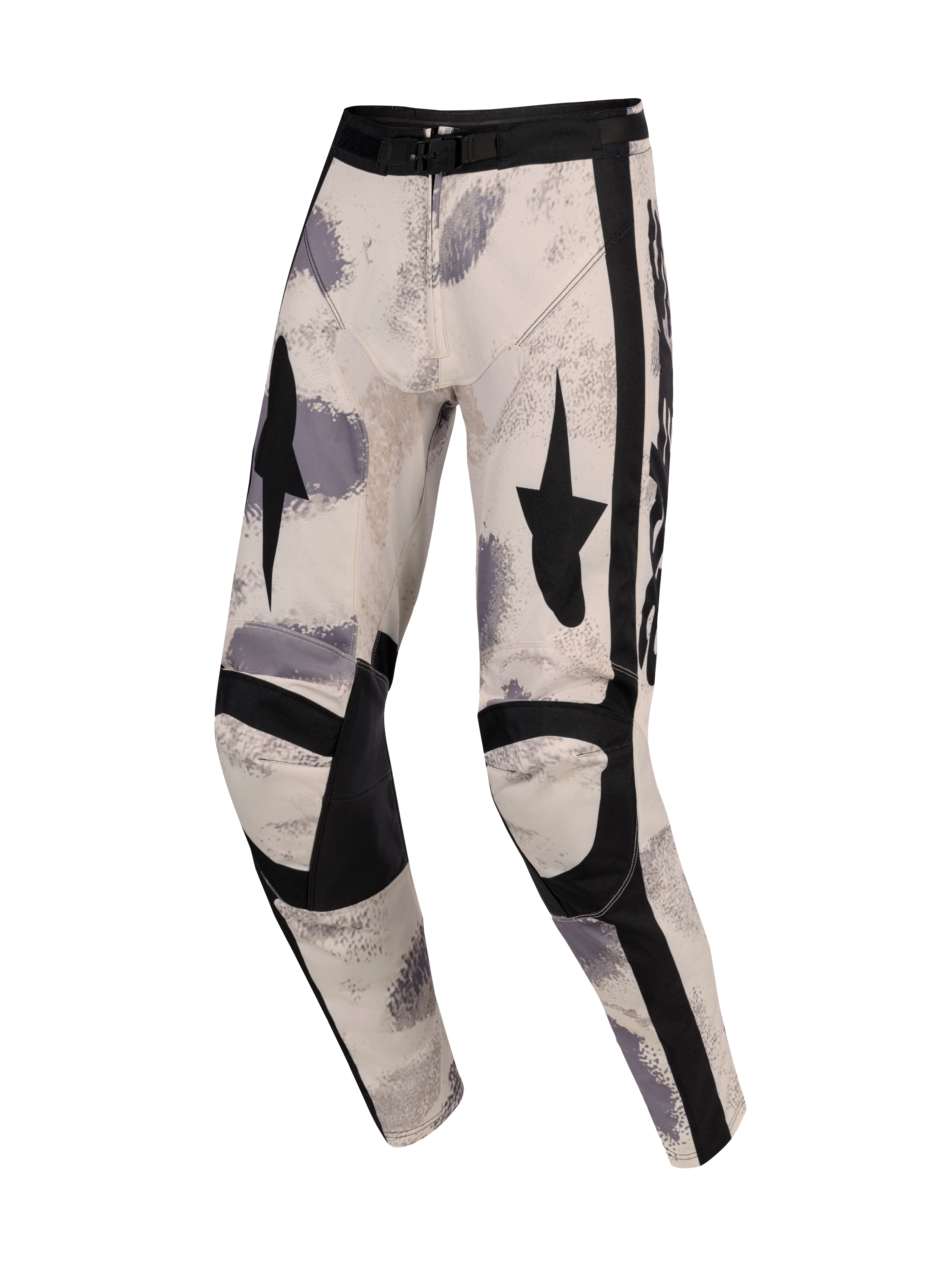 Alpinestars 2026 Racer Lahnd bukser, motocross-bukser, Sand Camo, med råhvid base og grå og sorte penselstrøgsmønstre, sort stjernegrafik på lårene, forstærkede sorte knæpaneler og justerbart taljespænde, ergonomisk off-road racing-design