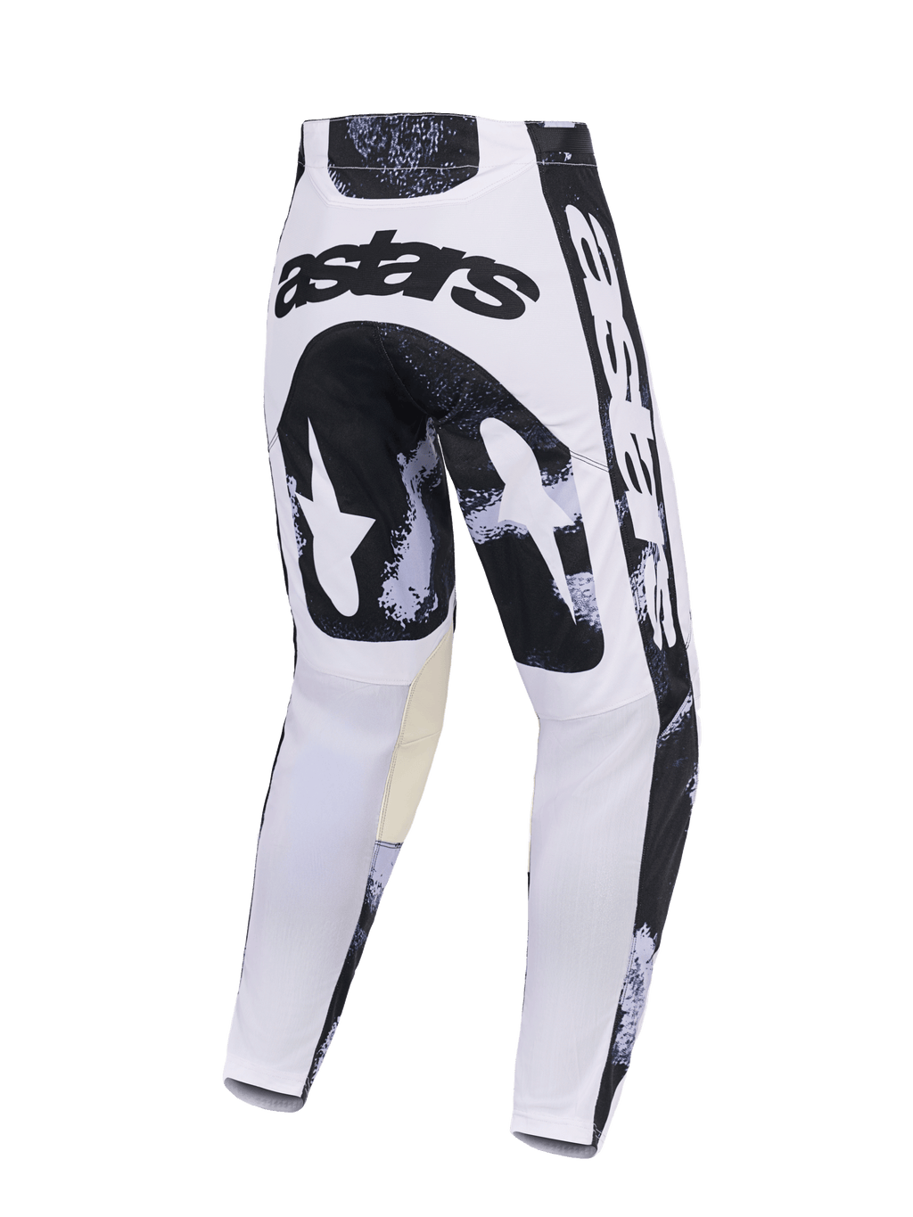 Alpinestars 2026 Racer Lahnd bukser, motocrossbukser, Iron Camo, set bagfra med hvidt og sort camouflagedesign, 'astars'-logo på sædet, beige indvendige knæpaneler, holdbar polyfabric-konstruktion til off-road kørsel