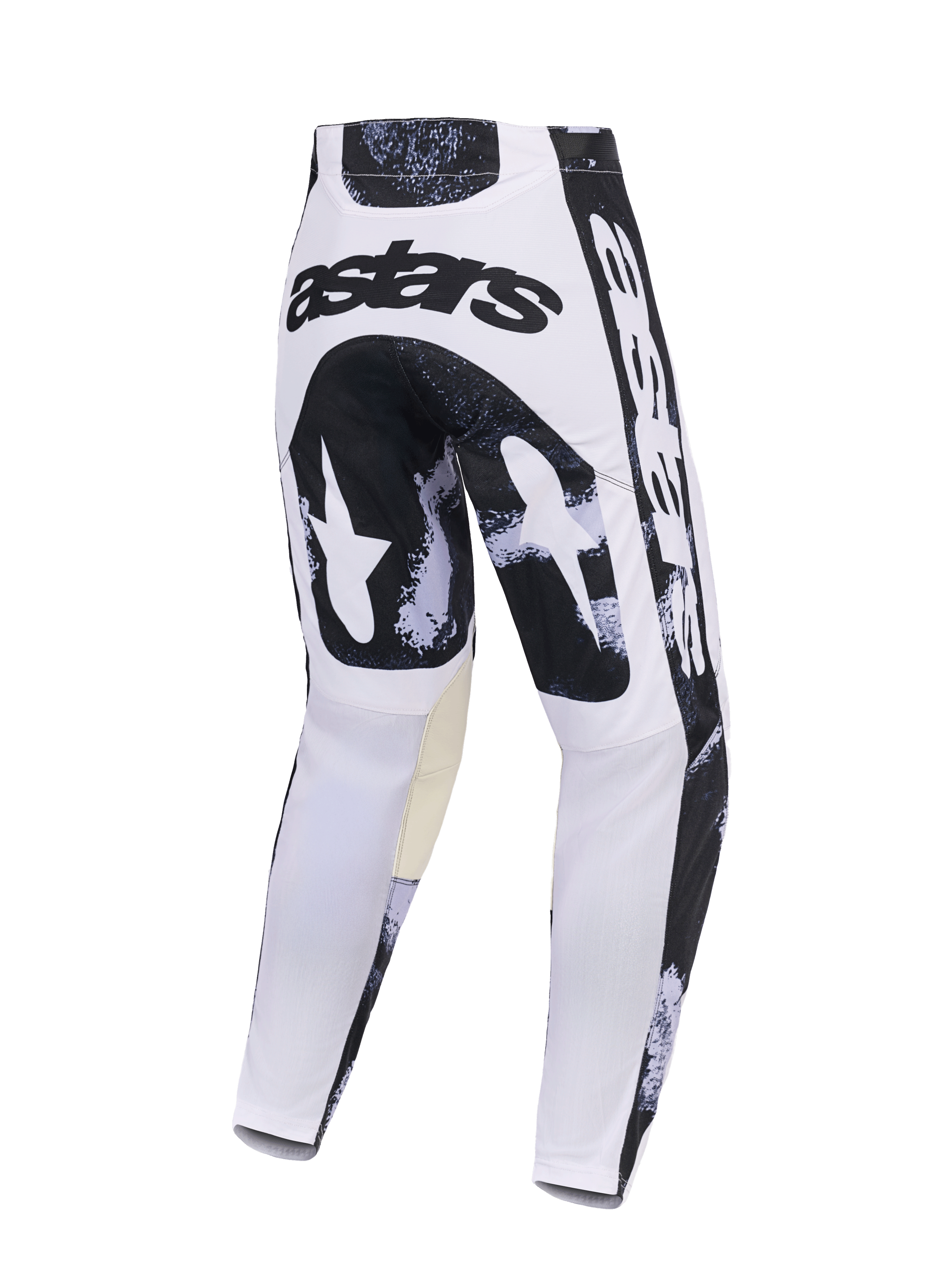 Alpinestars 2026 Racer Lahnd bukser, motocrossbukser, Iron Camo, set bagfra med hvidt og sort camouflagedesign, 'astars'-logo på sædet, beige indvendige knæpaneler, holdbar polyfabric-konstruktion til off-road kørsel