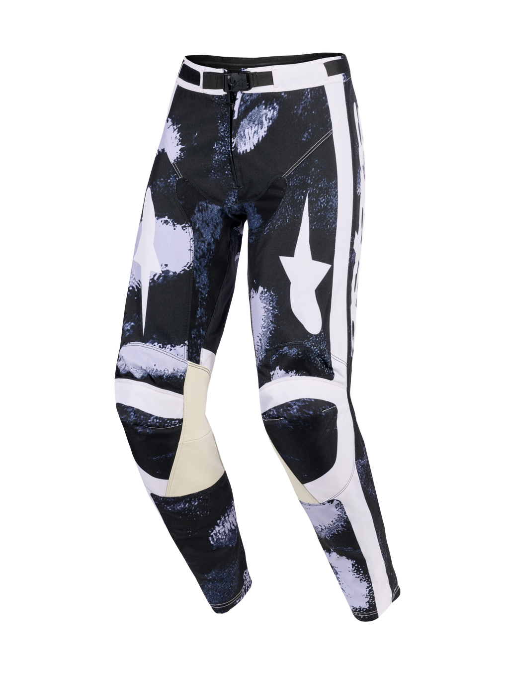 Alpinestars 2026 Racer Lahnd bukser, motocross-bukser, Iron Camo grå og sort, med store hvide stjernelogoer på lårene, hvide sidestriber, beige læderpaneler på indersiden af knæene og en præformet performance-pasform.