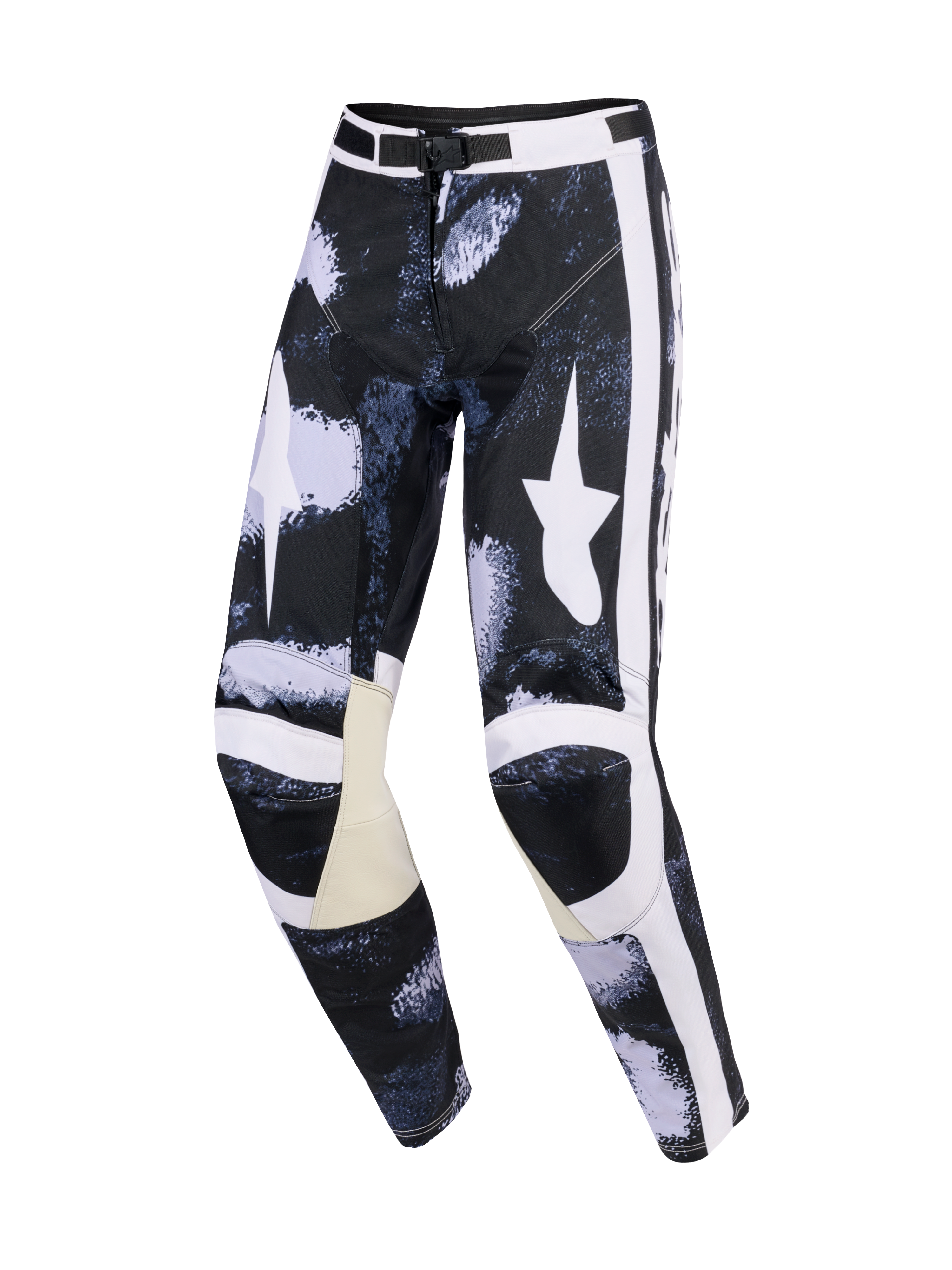Alpinestars 2026 Racer Lahnd bukser, motocross-bukser, Iron Camo grå og sort, med store hvide stjernelogoer på lårene, hvide sidestriber, beige læderpaneler på indersiden af knæene og en præformet performance-pasform.